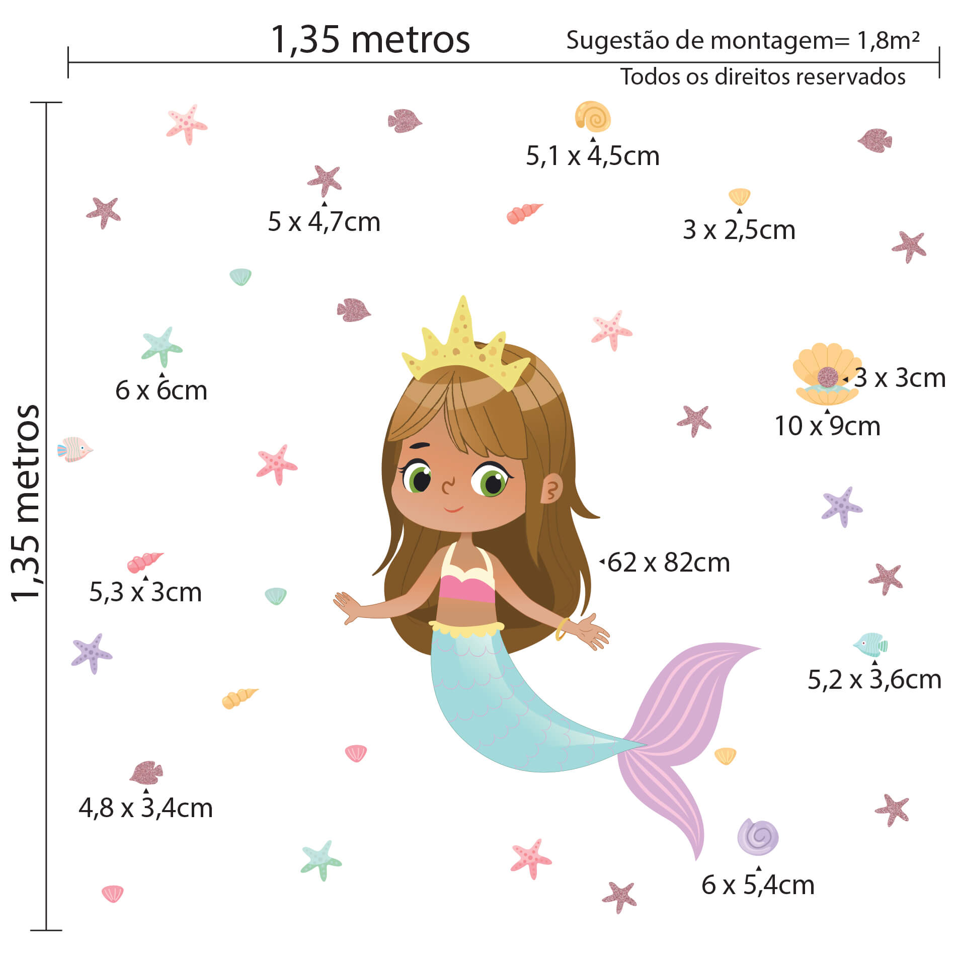 Imagem técnica do adesivo de parede infantil sereia mostrando dimensões e detalhes para aplicação