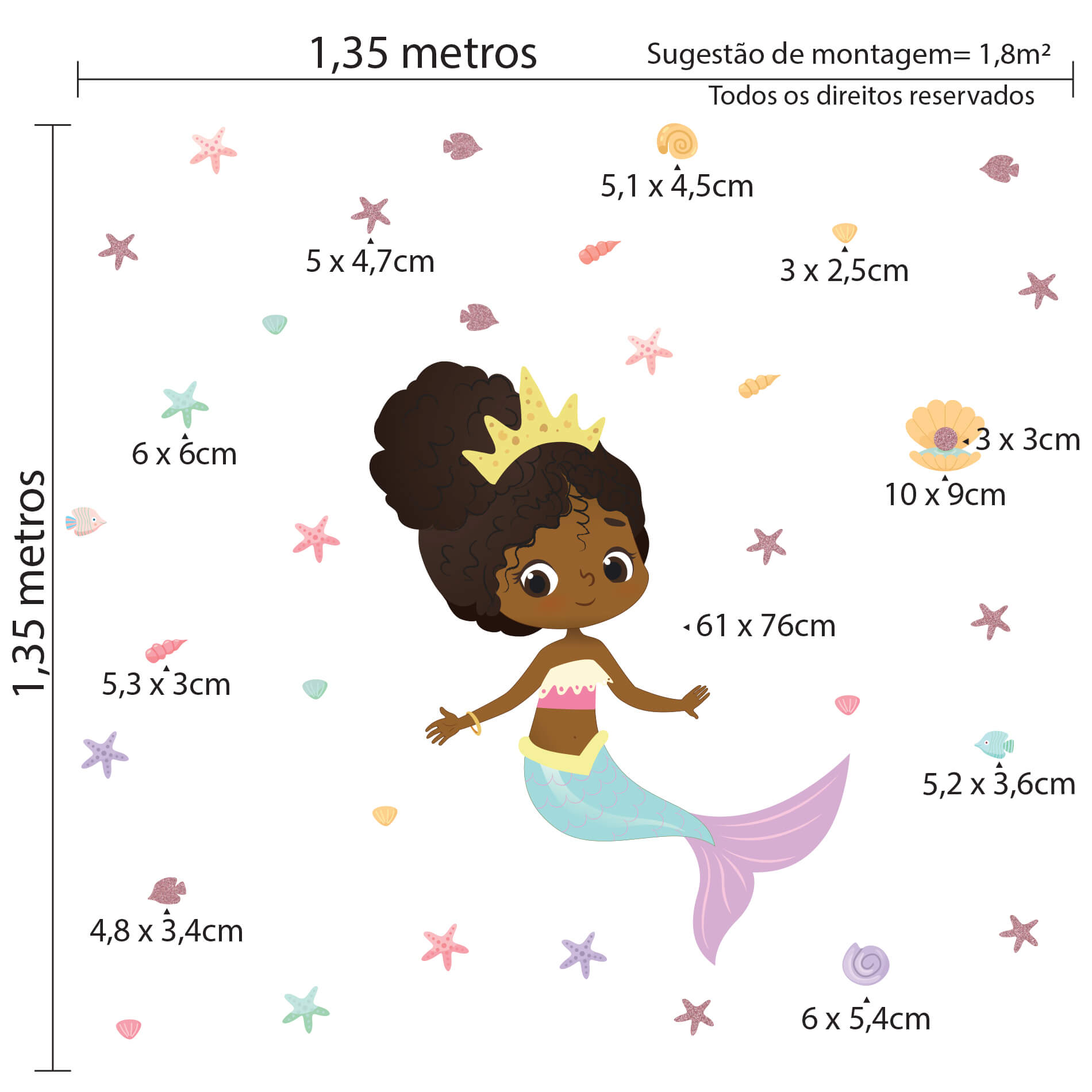 Imagem mostrando dimensões do adesivo de parede infantil com tema sereia menina negra de cabelo crespo e glitter, com medidas indicadas.