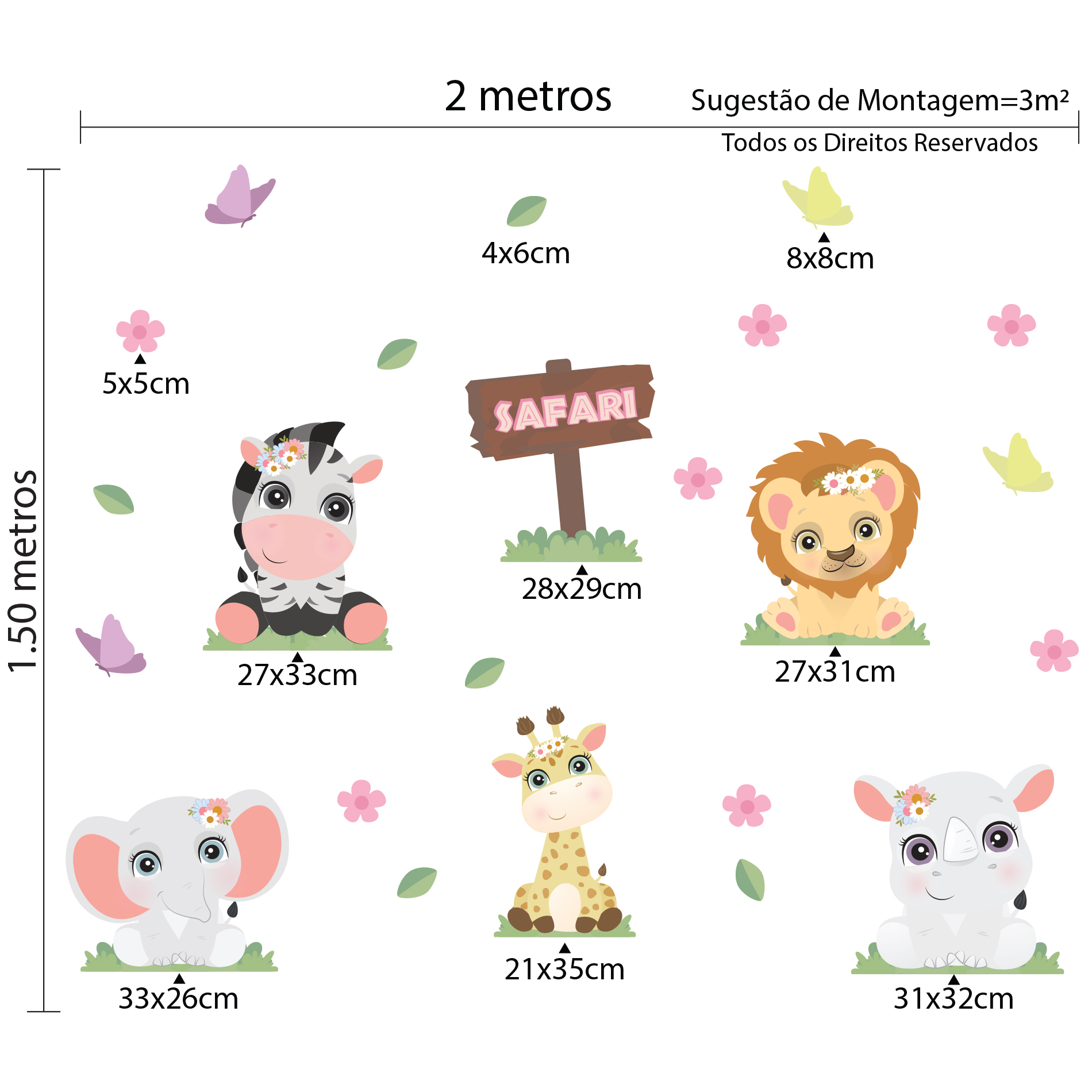 Imagem ilustrativa com dimensões dos adesivos de parede Safari para quarto infantil, mostrando animais e flores em cores pastel.