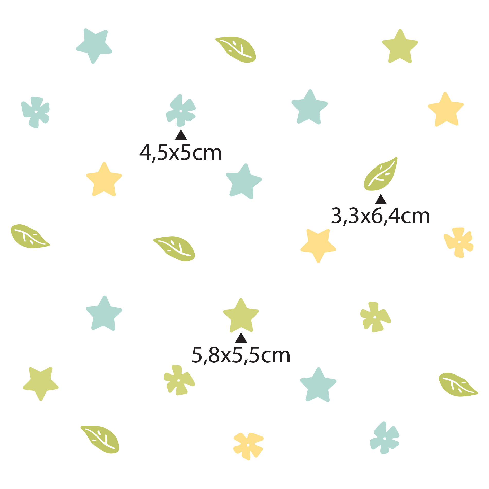 Imagem ilustrativa mostrando as dimensões e aplicação do adesivo Safari minimalista com folhas e estrelas.
