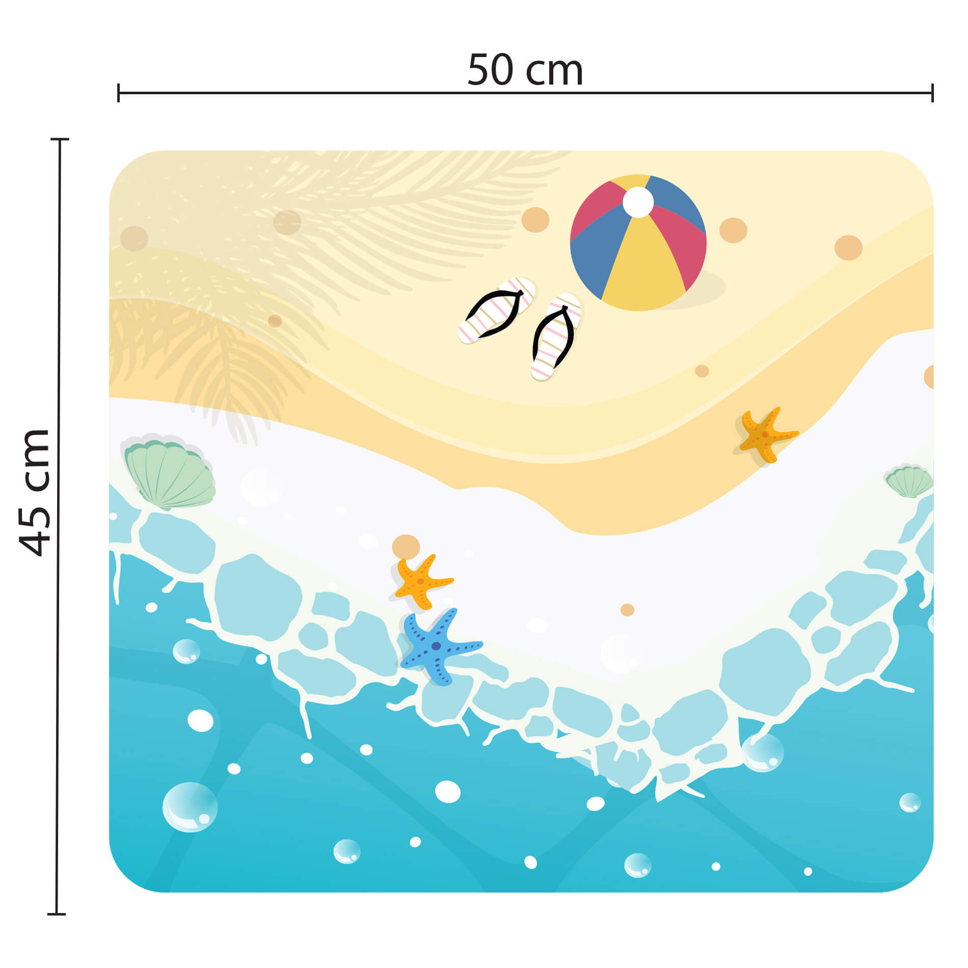Adesivo antiderrapante para banheiro infantil mostrando dimensões 50x45cm e ilustrações coloridas para aplicação segura.