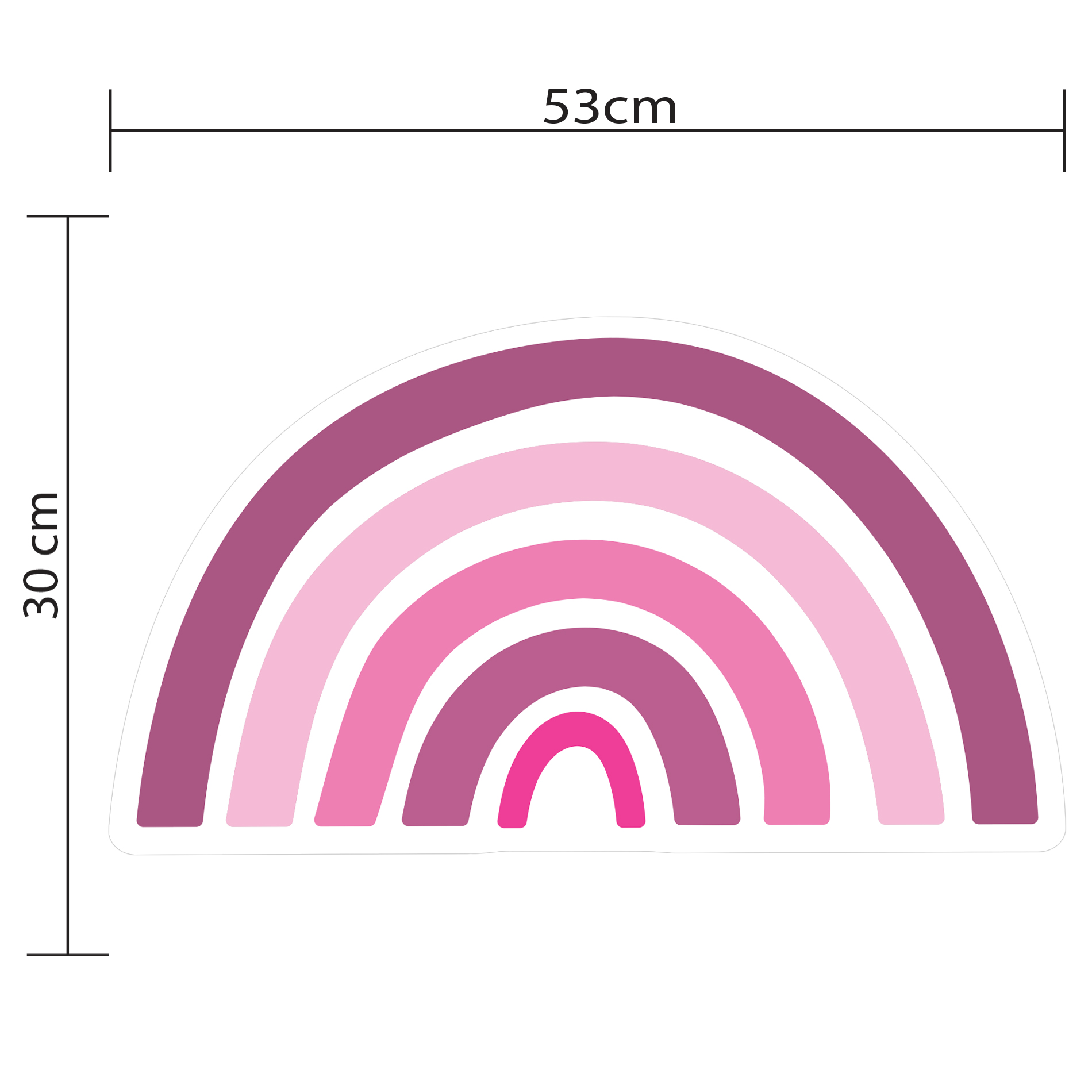 Imagem do adesivo antiderrapante para banheiro em formato de arco-íris tons rosa, mostrando medidas e detalhes para aplicação.