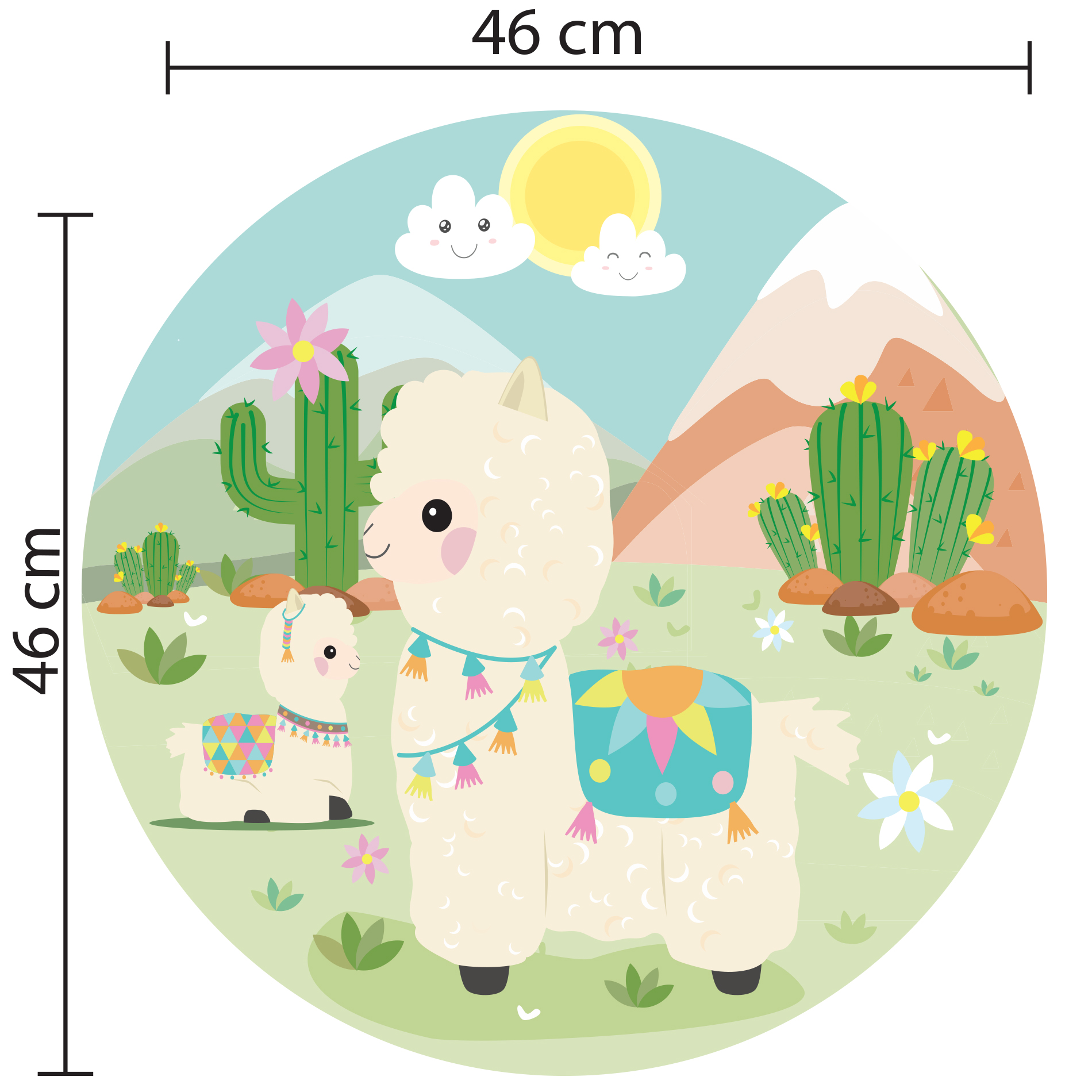 Imagem ilustrativa do adesivo antiderrapante Baby Lhama mostrando dimensões e aplicação segura no piso do banheiro.