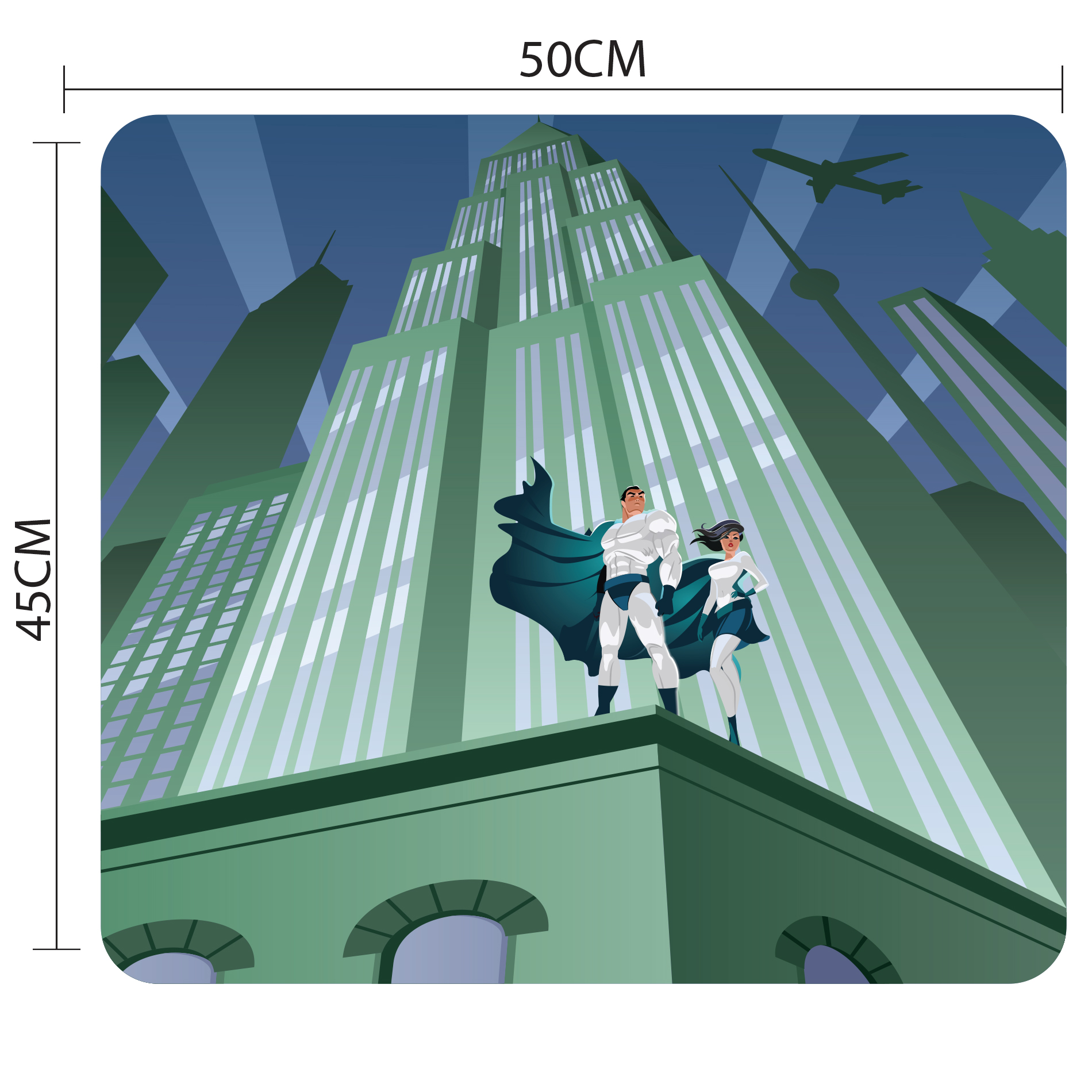 Adesivo antiderrapante para banheiro infantil com tema super-heróis, mostrando dimensões e detalhes do produto.