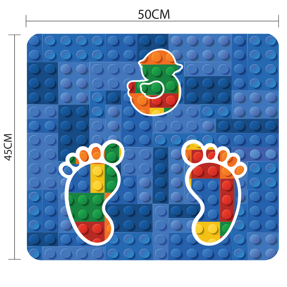 Adesivo antiderrapante para piso com fundo azul em blocos de montar, mostrando dimensões do produto 50x45cm.