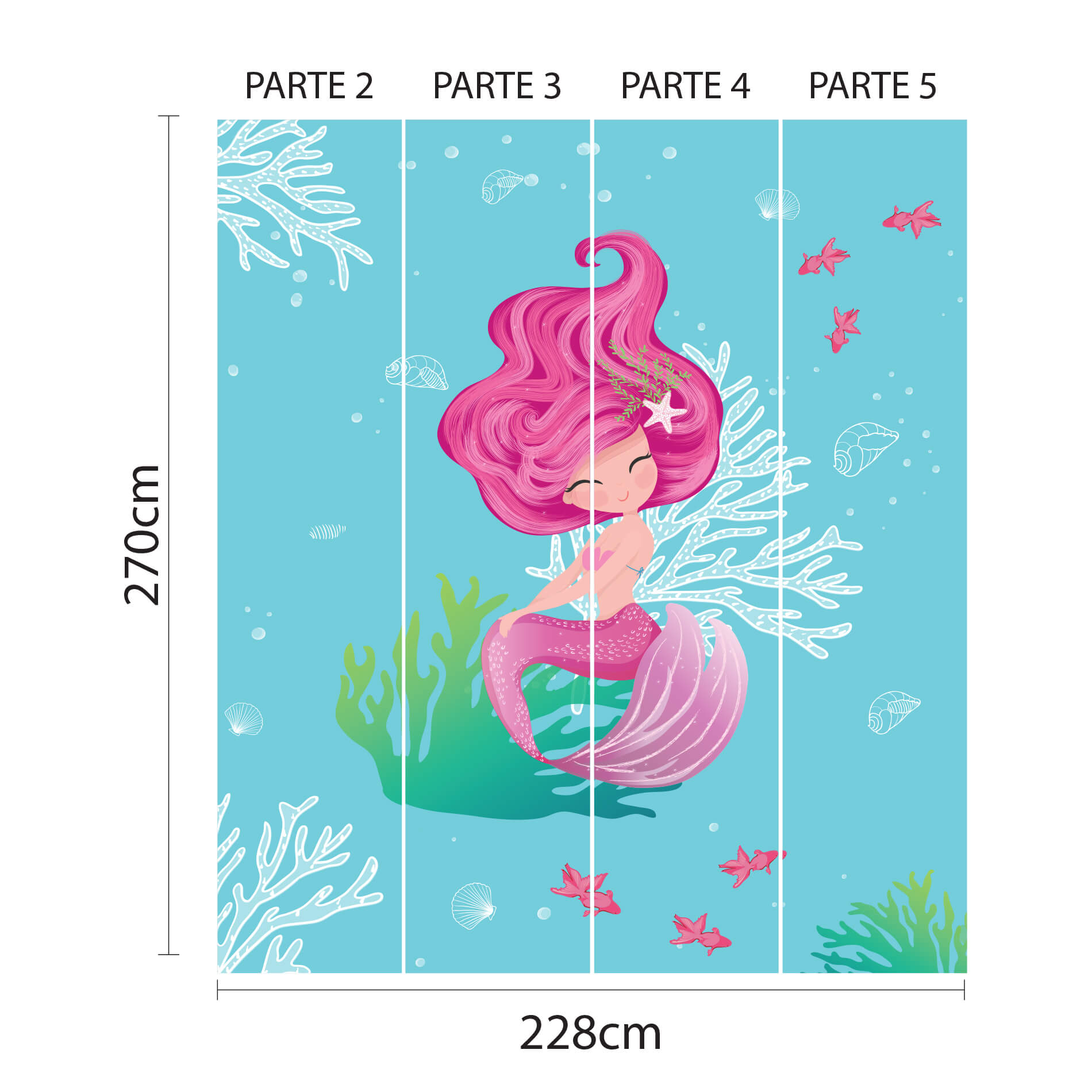 Imagem ilustrativa do papel de parede infantil sereia rosa com dimensões e instruções para aplicação.
