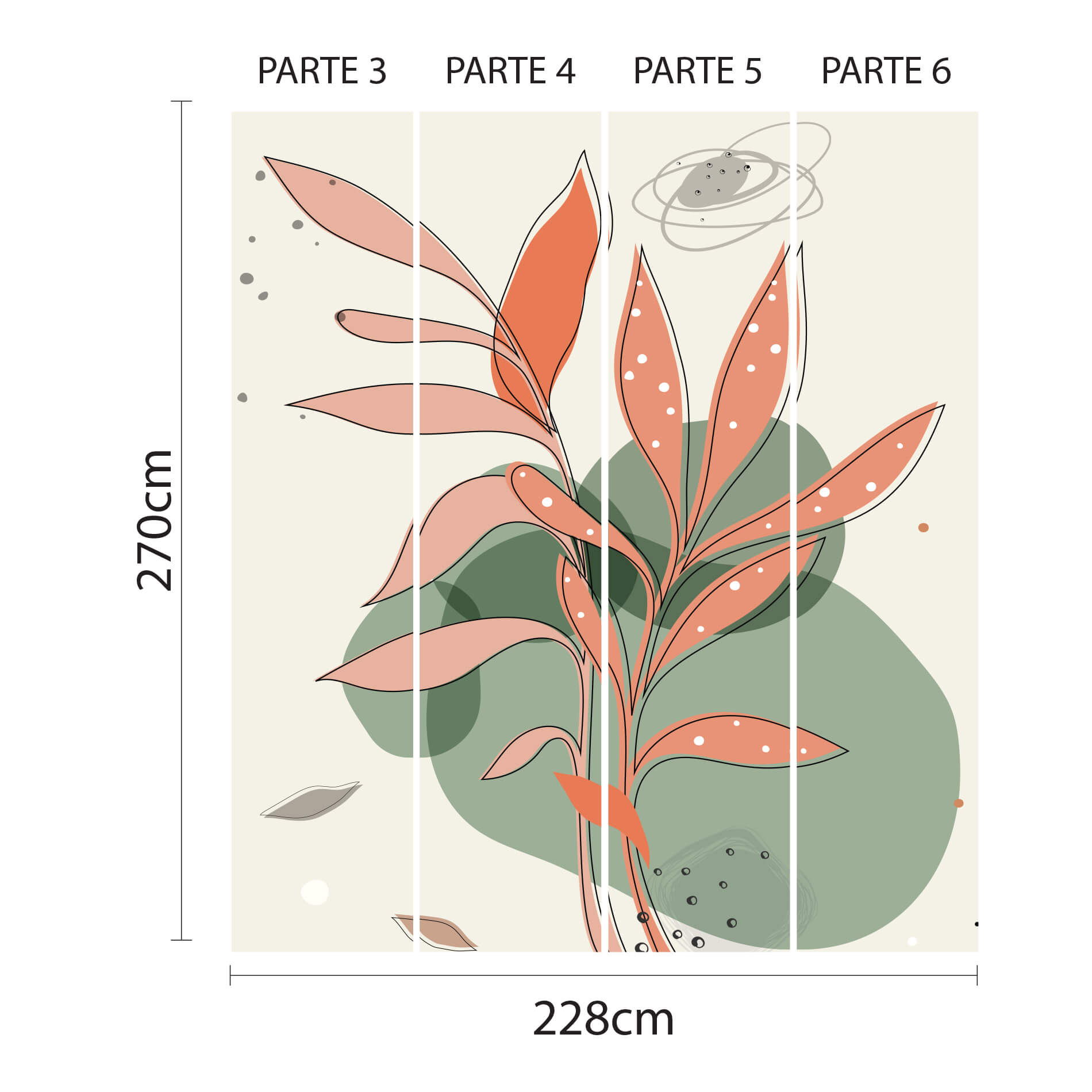 Imagem ilustrativa do papel de parede botânico boho dividido em partes numeradas com dimensões indicadas