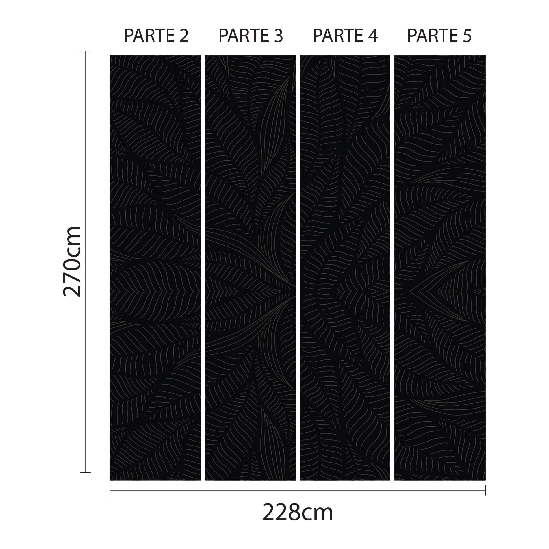 Imagem mostrando faixas do papel de parede preto com padrão botânico para aplicação