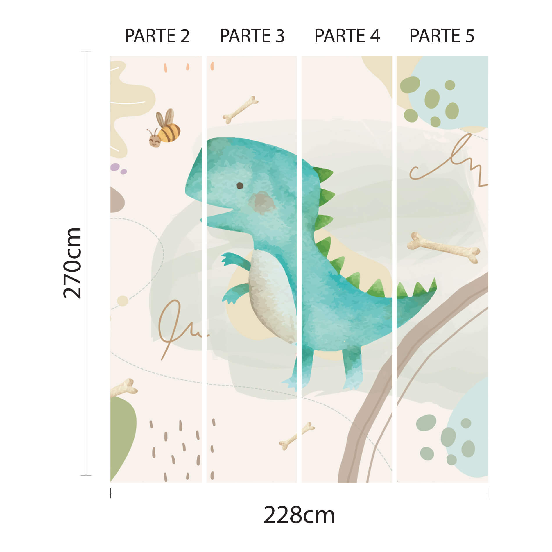 Imagem ilustrativa do papel de parede dividido em cinco partes numeradas, mostrando o layout do desenho com dinossauro aquarelado em tons de verde e azul, ideal para aplicação passo a passo.