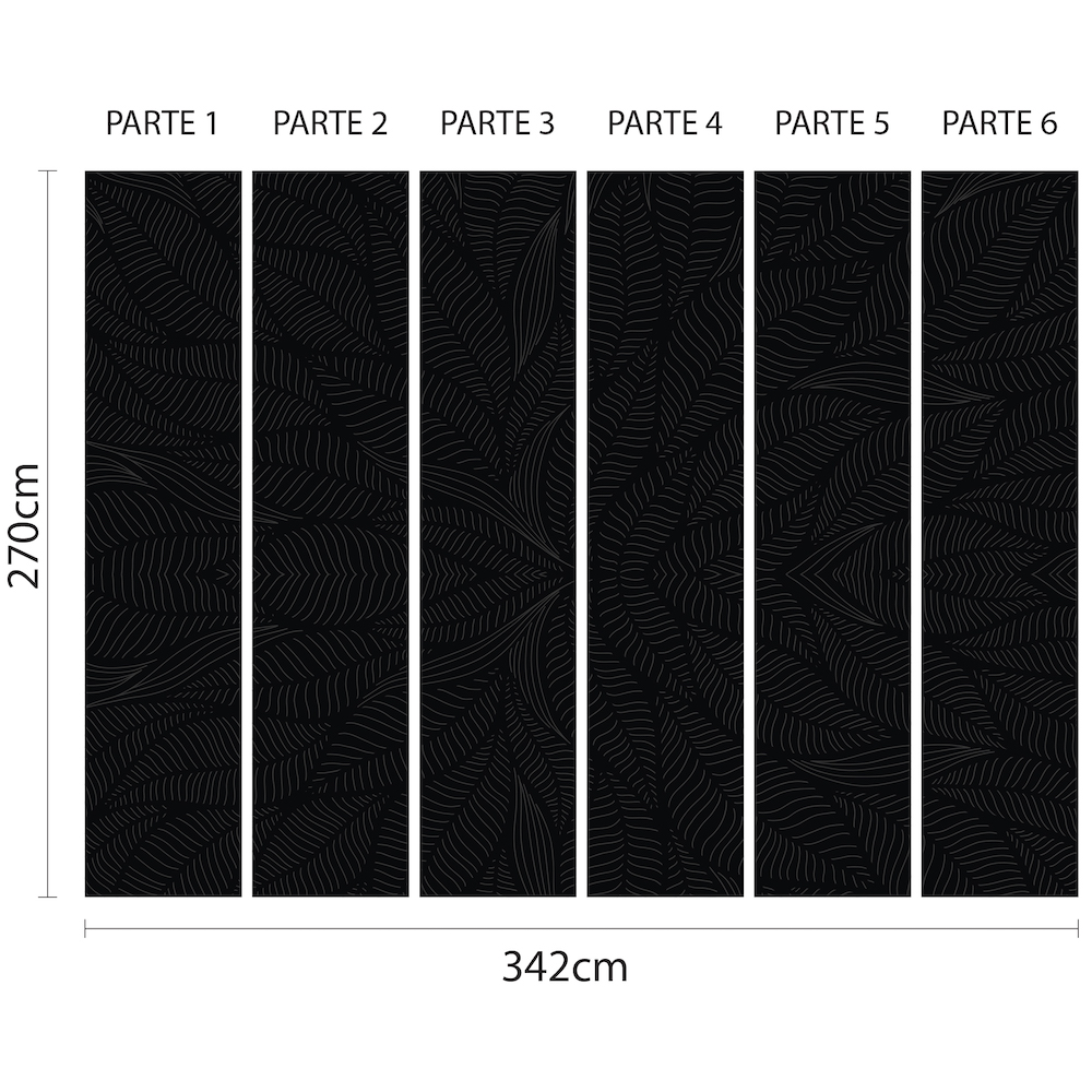 Seis painéis verticais de papel de parede preto com padrão de folhagem botânica mostrando dimensões para aplicação.