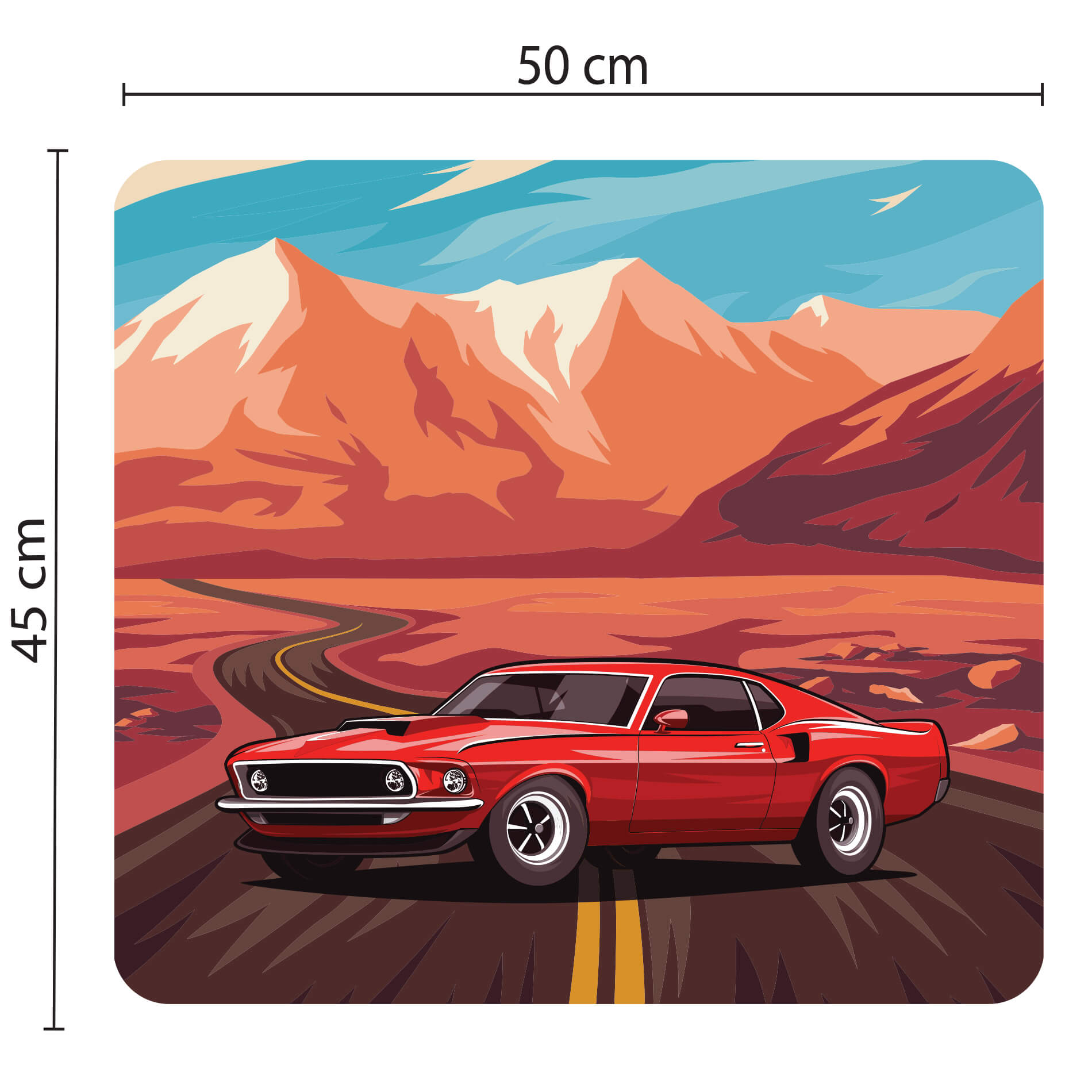 Adesivo antiderrapante para piso mostrando dimensões de 50 cm de largura por 45 cm de altura, com ilustração de carro vermelho em estrada sinuosa.
