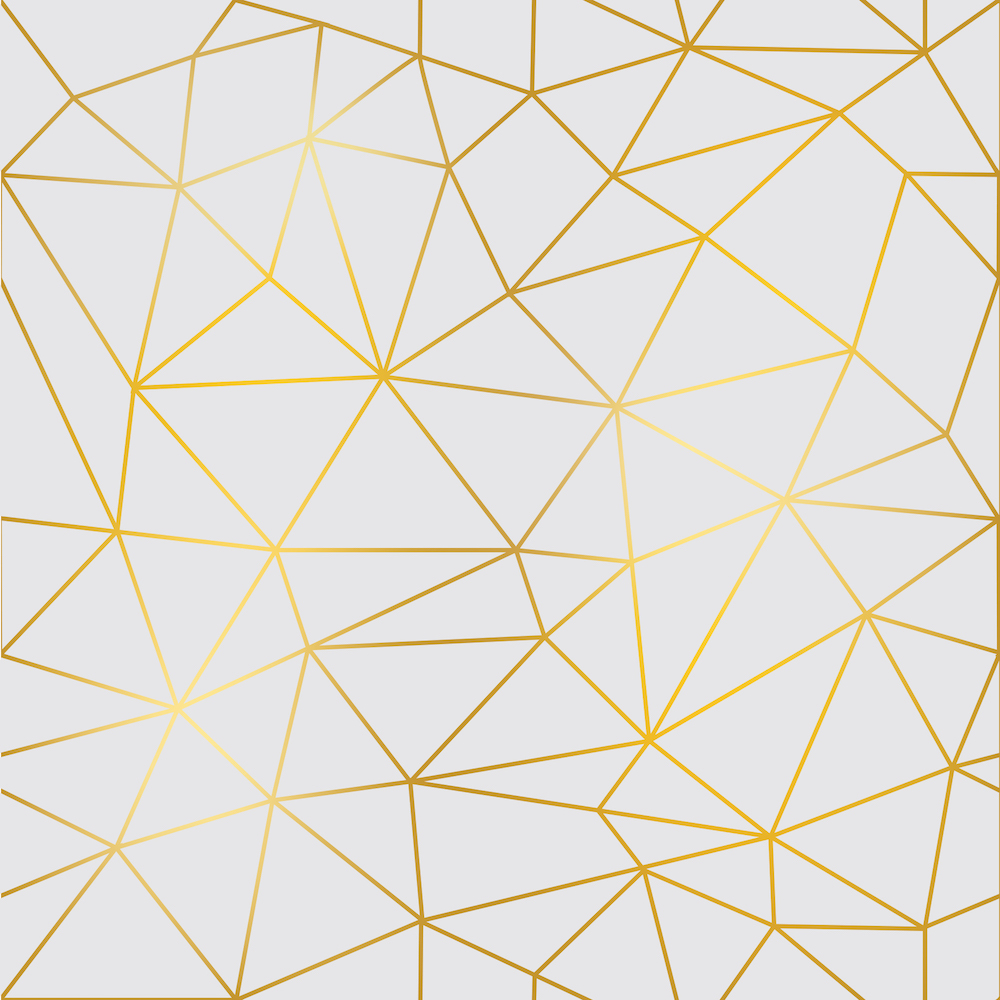 Imagem detalhada do papel de parede branco e dourado geométrico para aplicação.