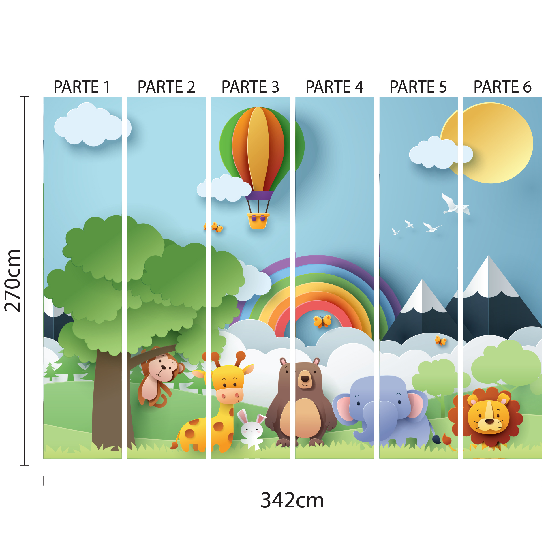 Imagem técnica do papel de parede Safari colorido para quarto infantil, mostrando dimensões e partes numeradas para aplicação correta.