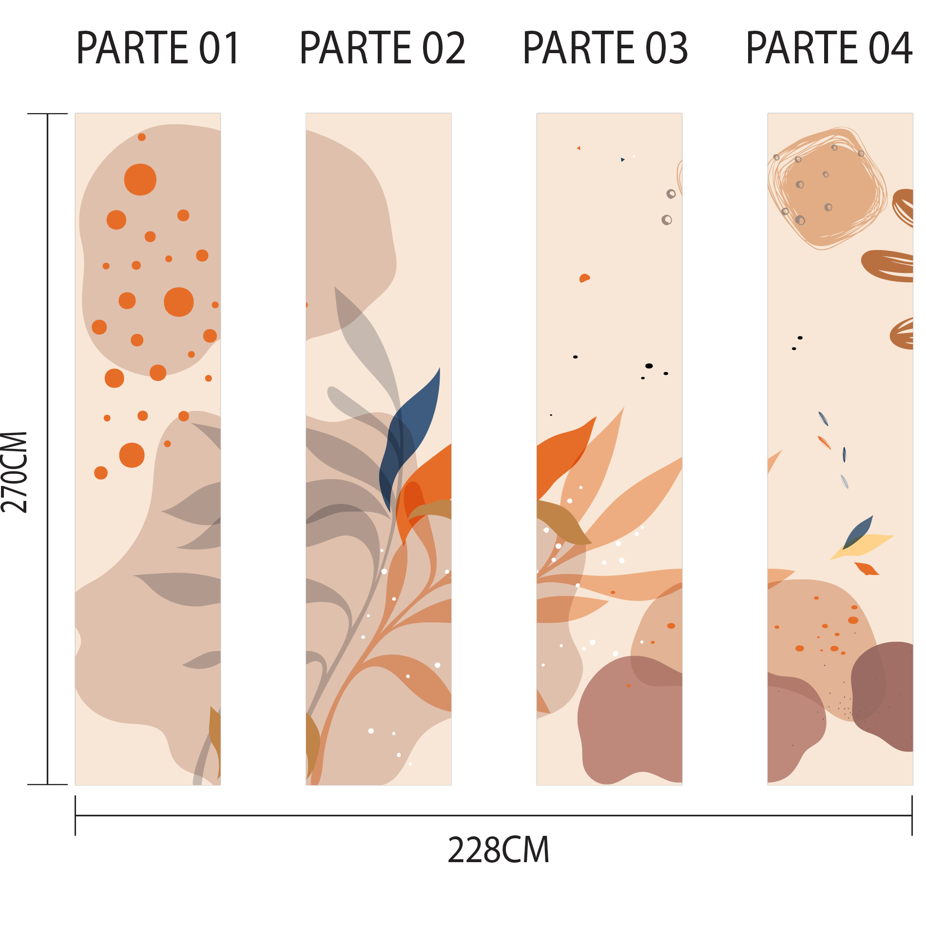 Imagem ilustrativa mostrando as dimensões e faixas do papel de parede Folhagem Boho Orgânico para aplicação