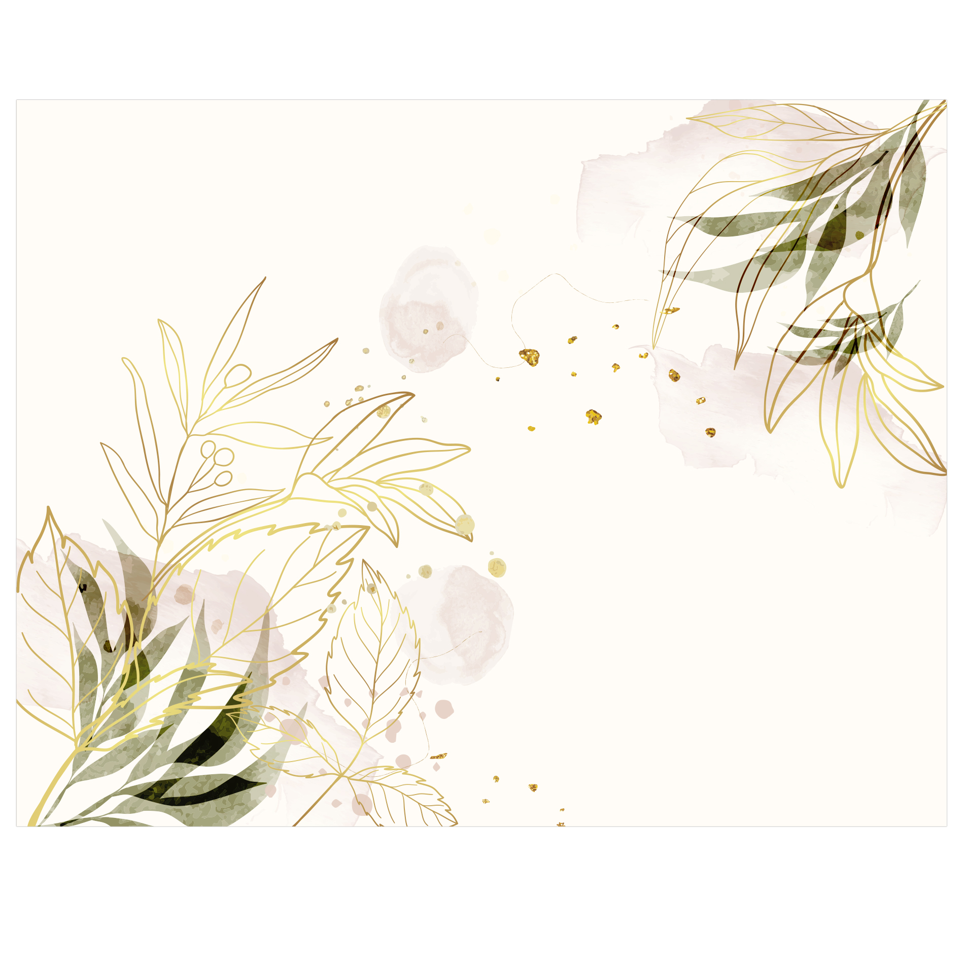 Papel de parede com design de folhagem e plantas em tons claros, mostrando padrão aquarelado e detalhes dourados delicados.