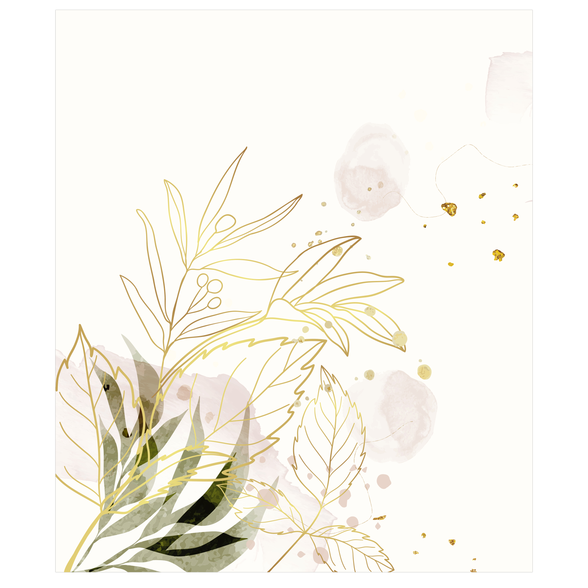 Quadrado de papel de parede com design de folhagens e plantas em tons claros, com detalhes aquarelados e acabamento fosco.