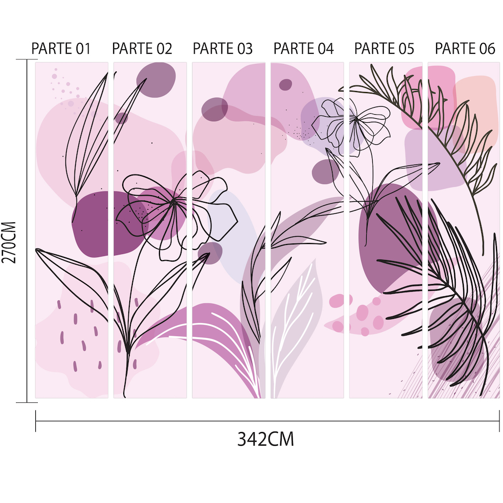 Imagem técnica do papel de parede com estampa de folhagem em tons lilás, dividida em seis partes numeradas mostrando dimensões