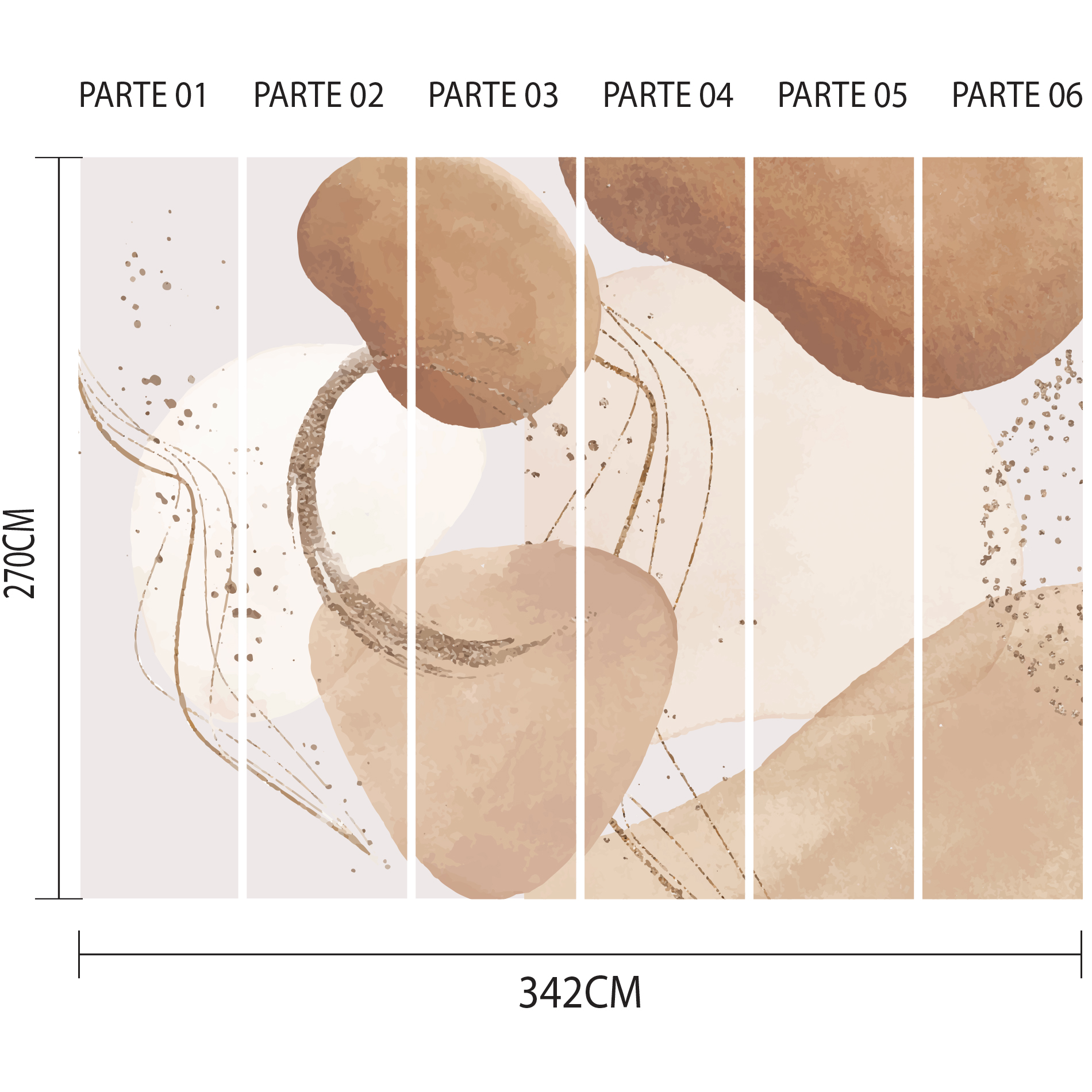 Imagem técnica do papel de parede abstrato orgânico em tons marrons mostrando as seis partes verticais numeradas para aplicação.