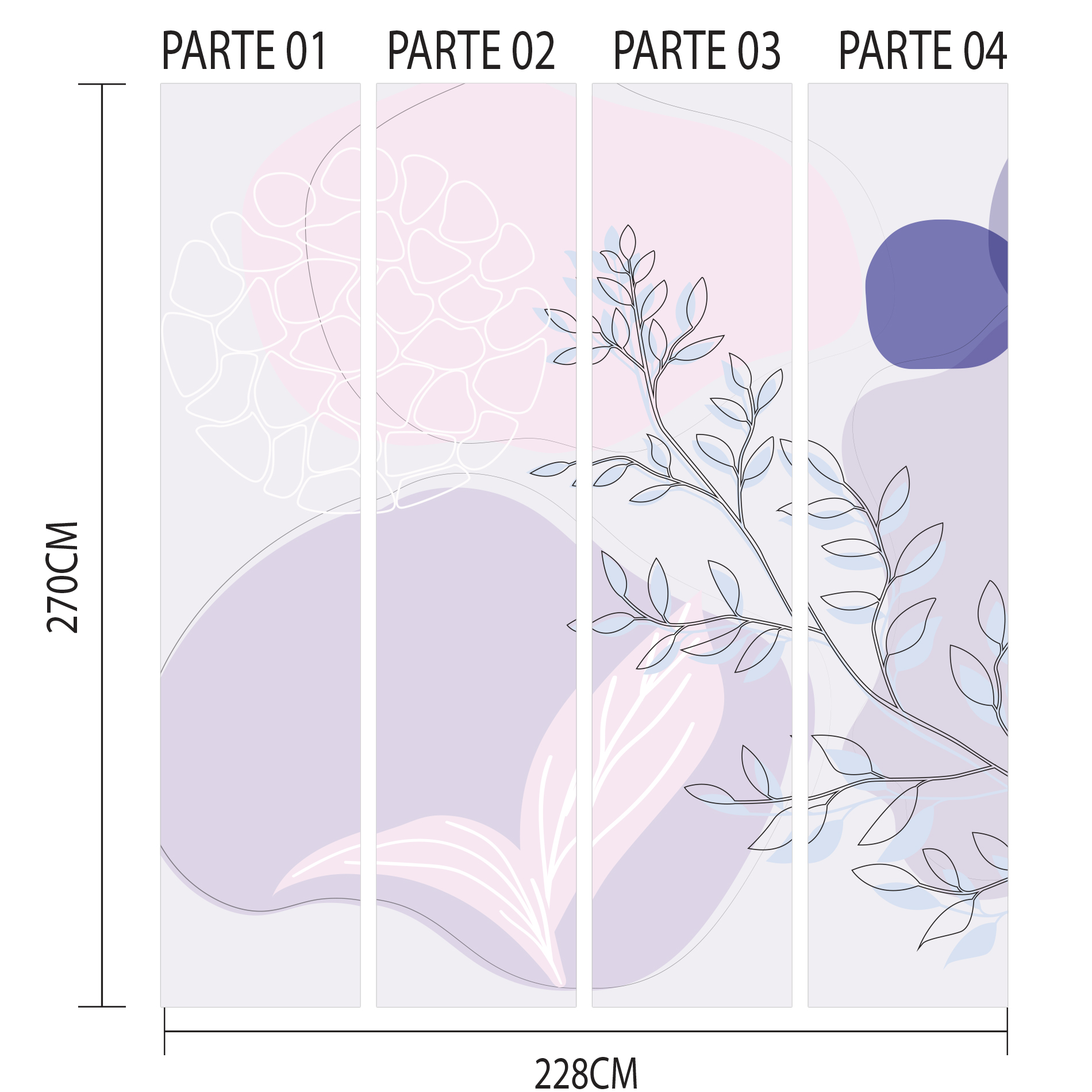 Imagem técnica do papel de parede mostrando as partes numeradas para aplicação e dimensões do produto.