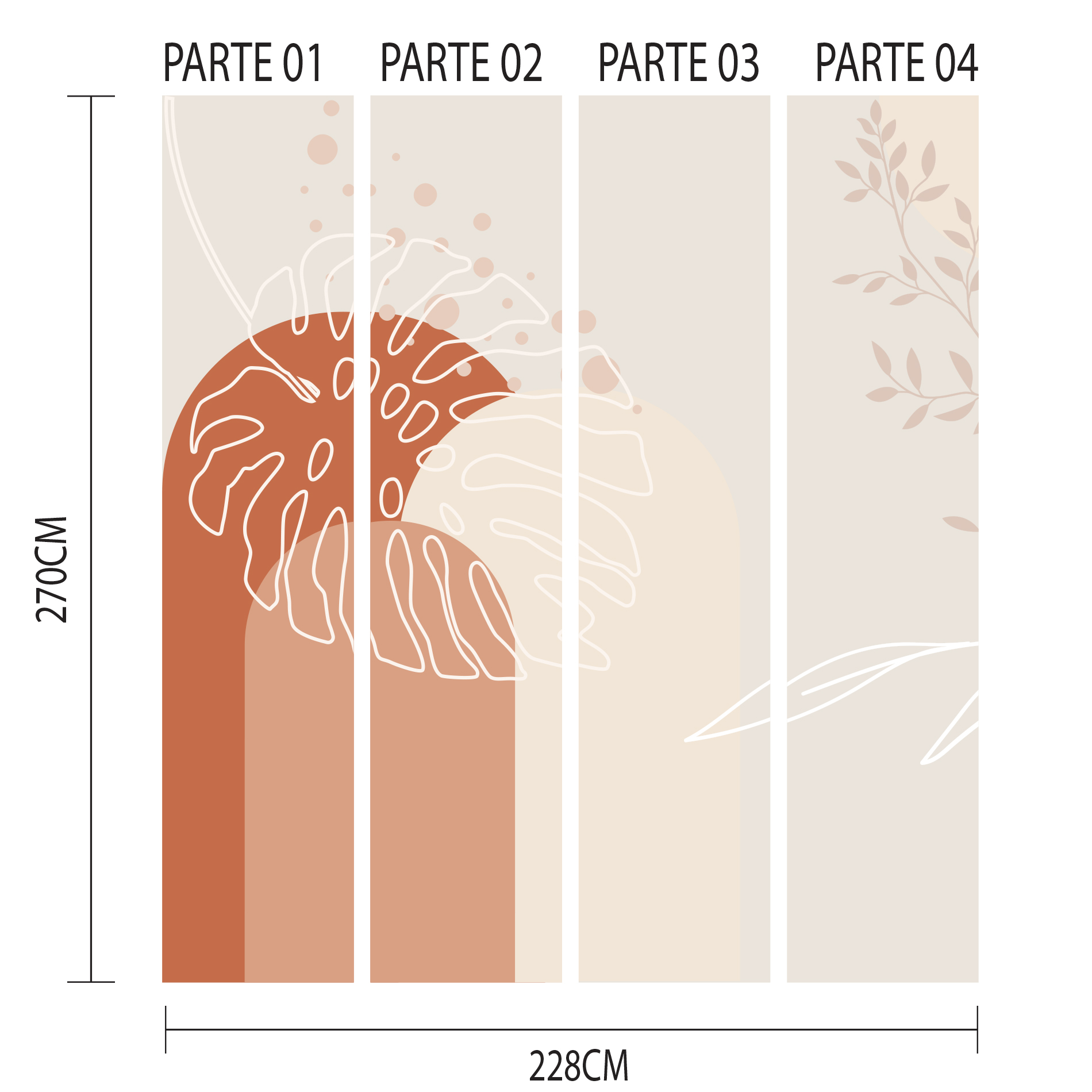 Imagem ilustrativa mostrando as partes do papel de parede folhagem boho com medidas para aplicação.