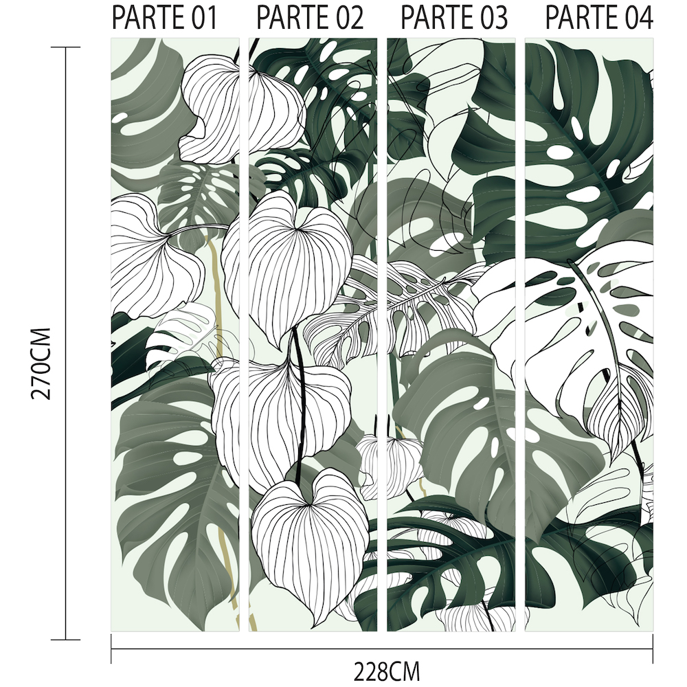 Imagem ilustrativa do papel de parede dividido em quatro partes verticais numeradas, mostrando a estampa de folhagem e dimensões para aplicação.