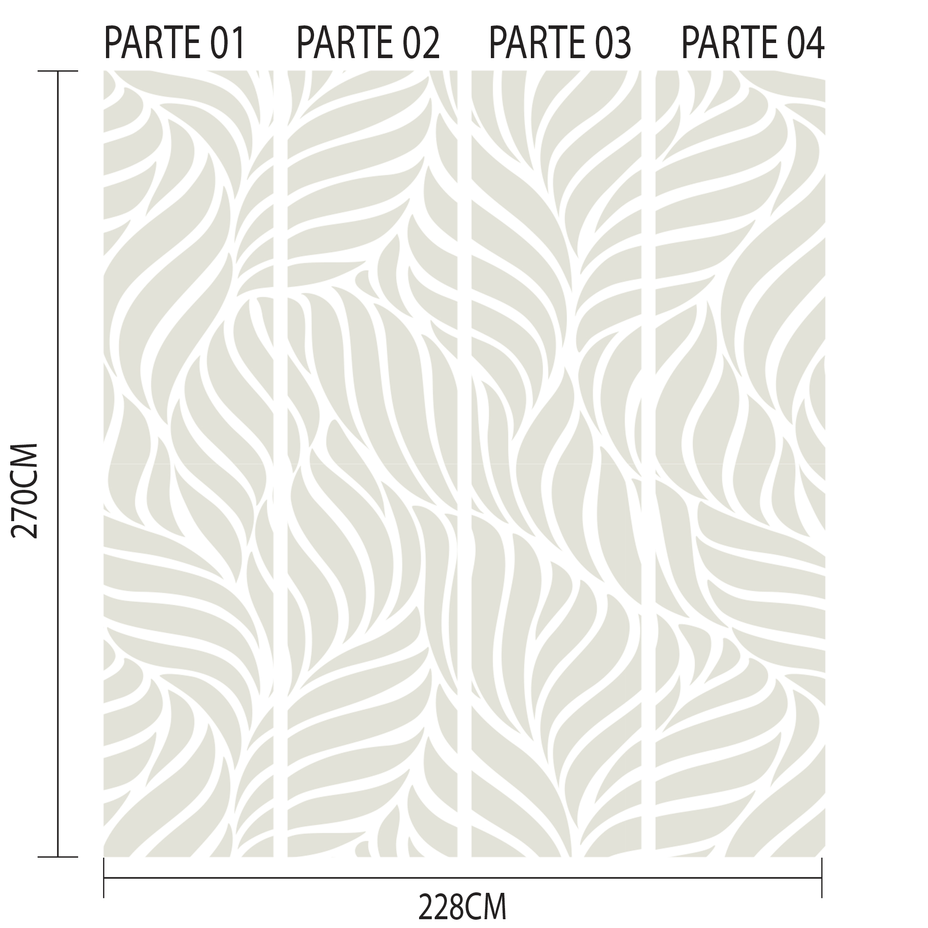 Imagem ilustrativa do papel de parede folhagem acinzentado mostrando as quatro partes numeradas para aplicação