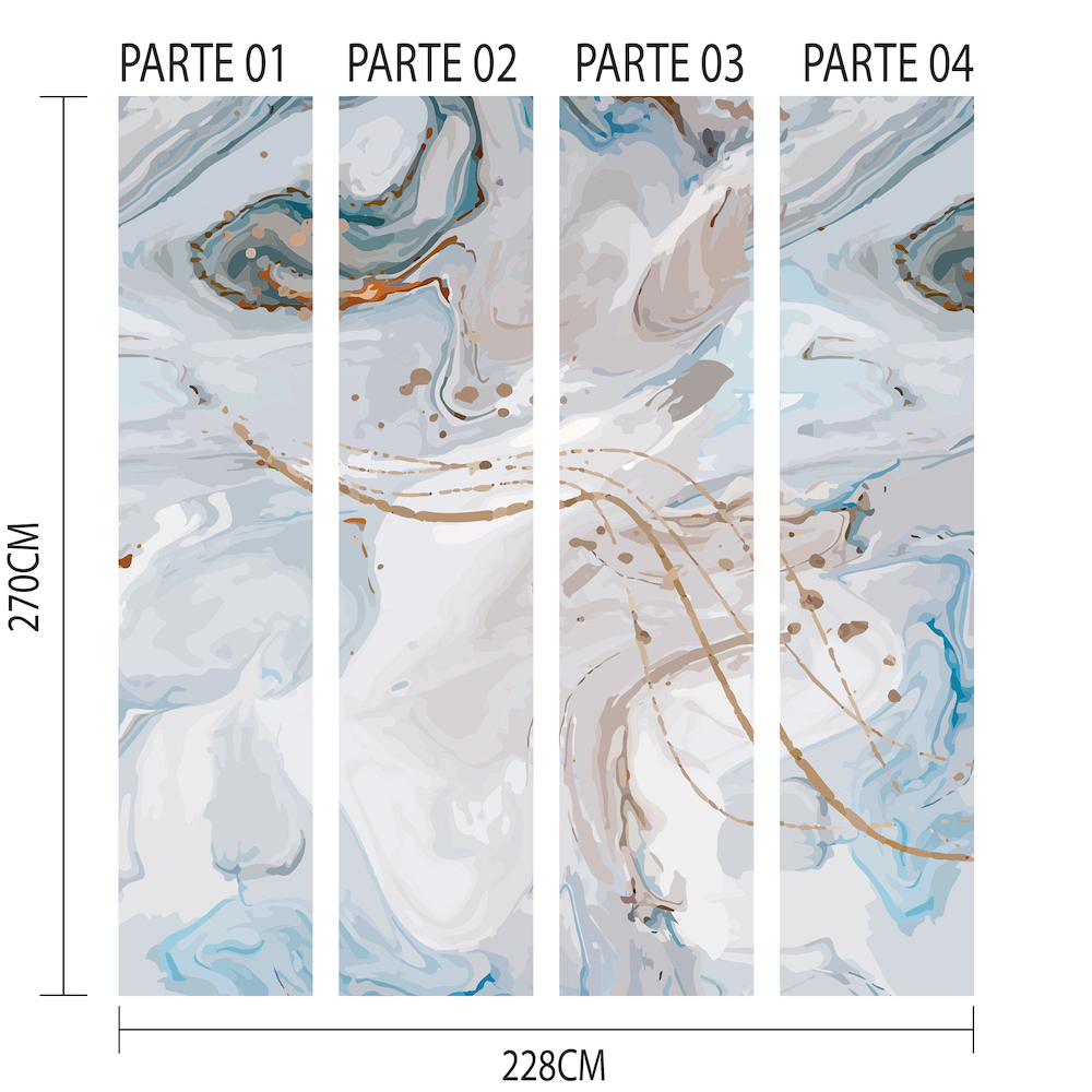 Quatro partes do papel de parede mármore moderno mostrando dimensões e design para aplicação