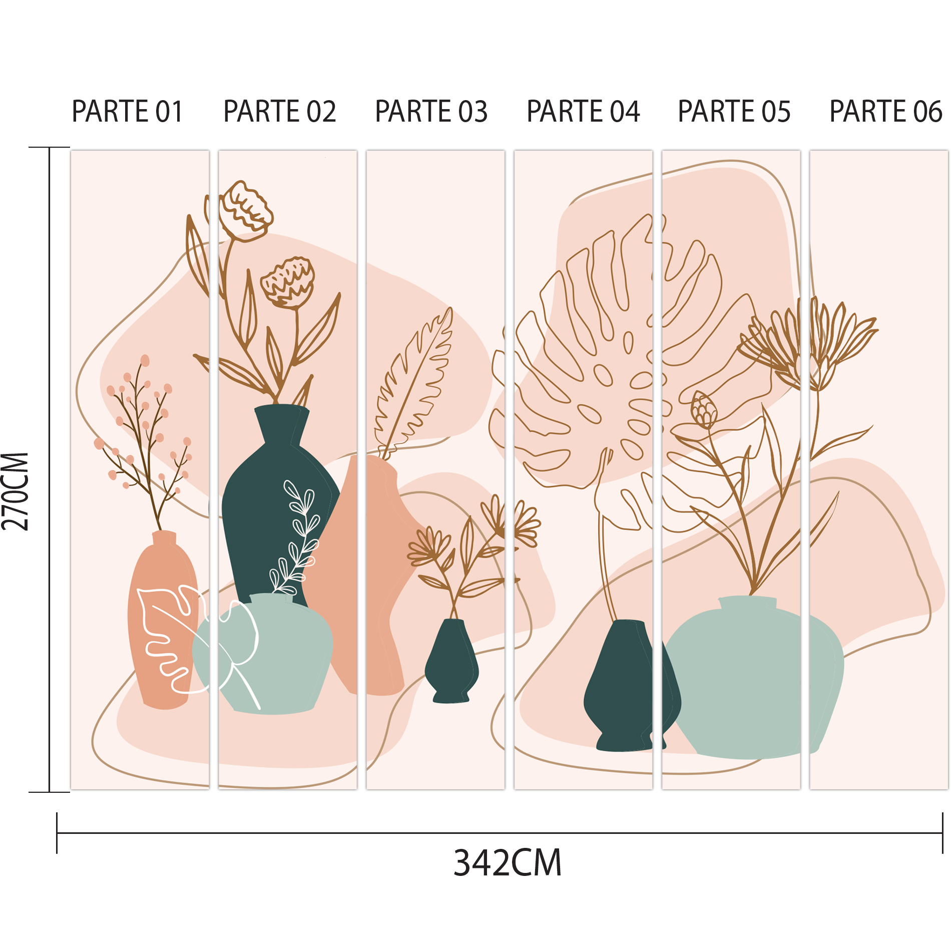 Imagem do papel de parede floral boho mostrando as dimensões e detalhes para aplicação.