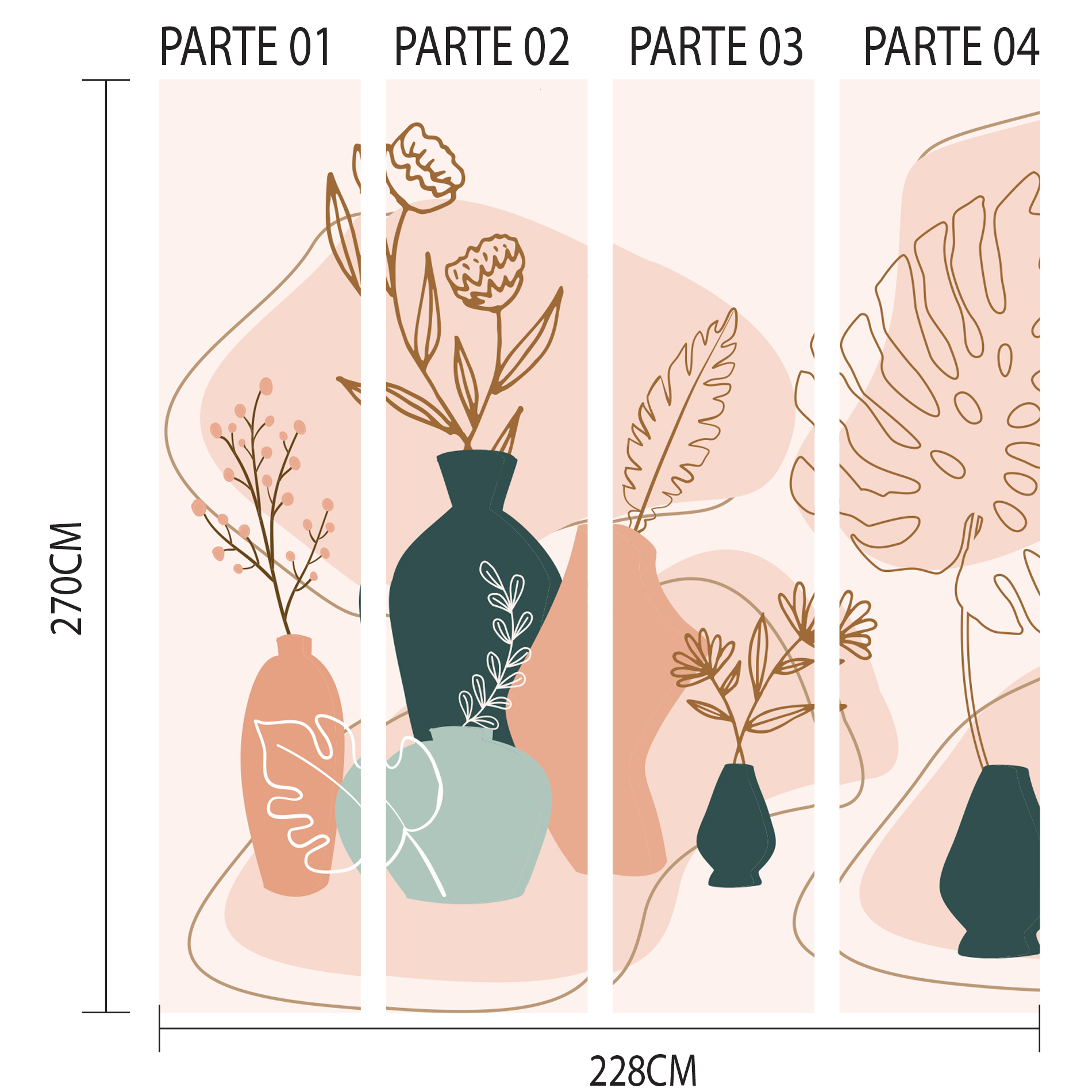 Imagem ilustrativa do papel de parede floral boho dividido em quatro partes numeradas com medidas para aplicação