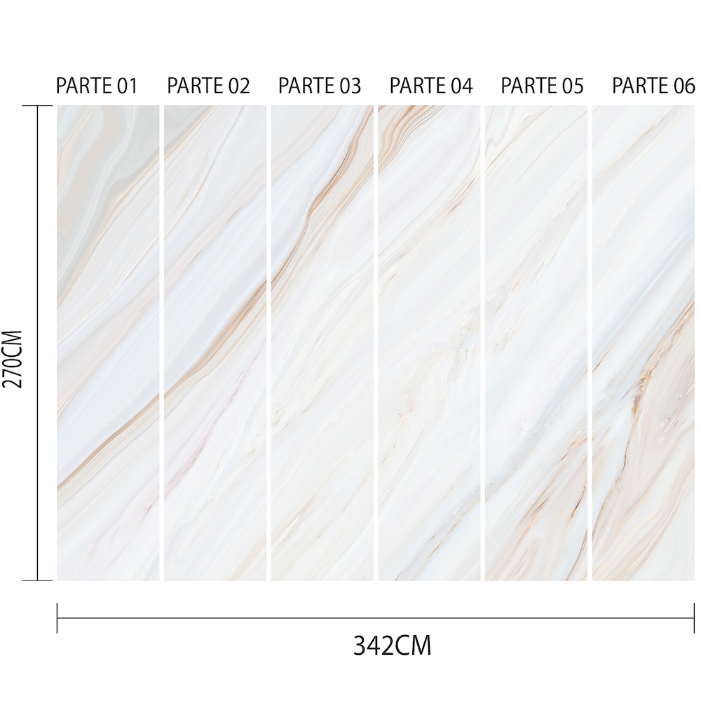 Imagem mostrando as seis partes do papel de parede mármore contemporâneo com dimensões indicadas para aplicação.