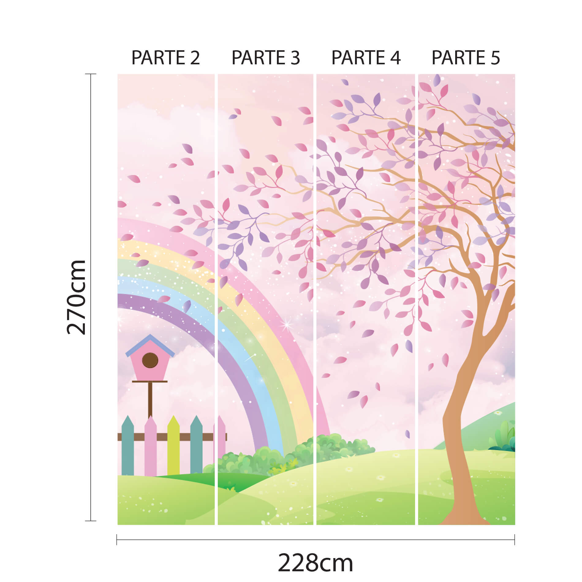 Imagem ilustrativa do papel de parede Jardim Arco-íris em aquarela com dimensões e instruções para aplicação.