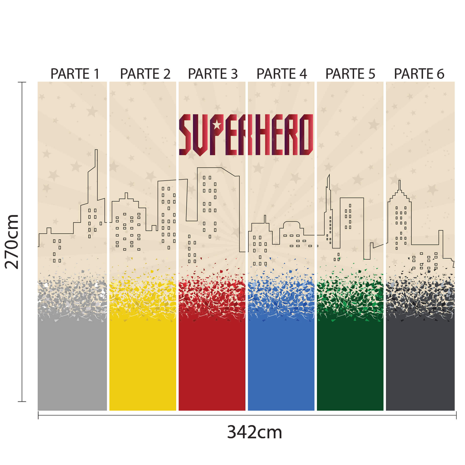 Instruções de aplicação do papel de parede infantil Super Herói mostrando as seis partes verticais numeradas e o design colorido