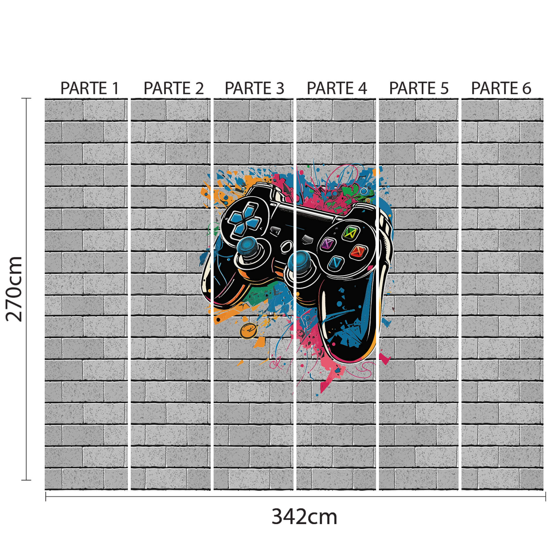 Imagem ilustrativa do papel de parede dividido em seis partes verticais numeradas mostrando dimensões e design.