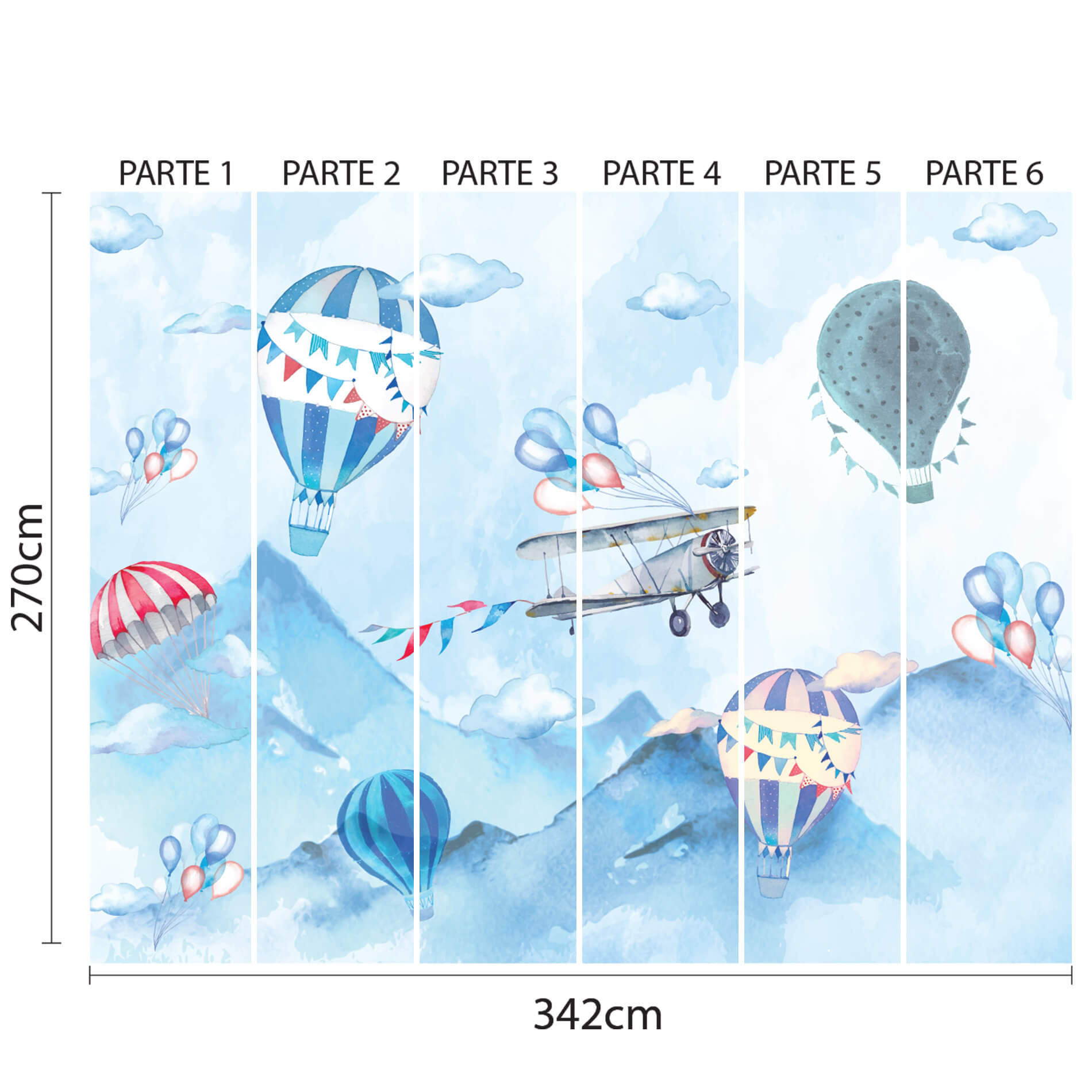 Imagem ilustrativa do papel de parede infantil tema balões e aviões, dividido em partes numeradas para montagem, com especificações de tamanho.