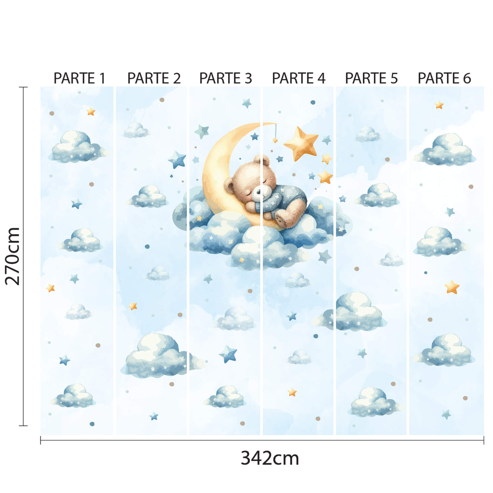 Imagem ilustrativa do papel de parede dividido em 6 partes verticais numeradas, mostrando o design com urso dormindo na lua, com dimensões indicadas para aplicação.