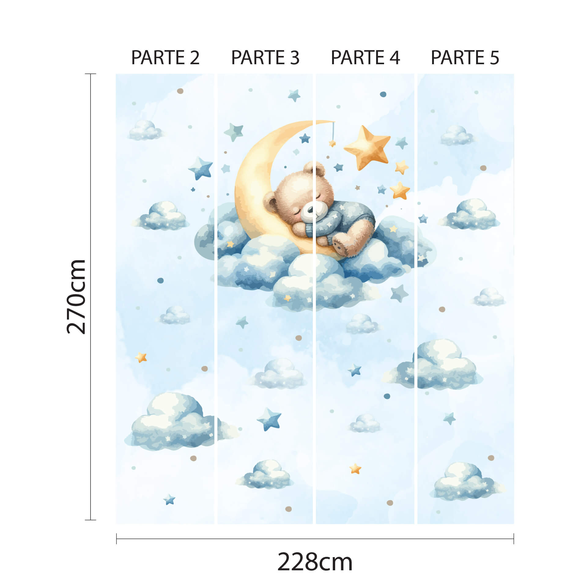 Imagem ilustrativa mostrando o papel de parede adesivo com medidas e layout para aplicação.