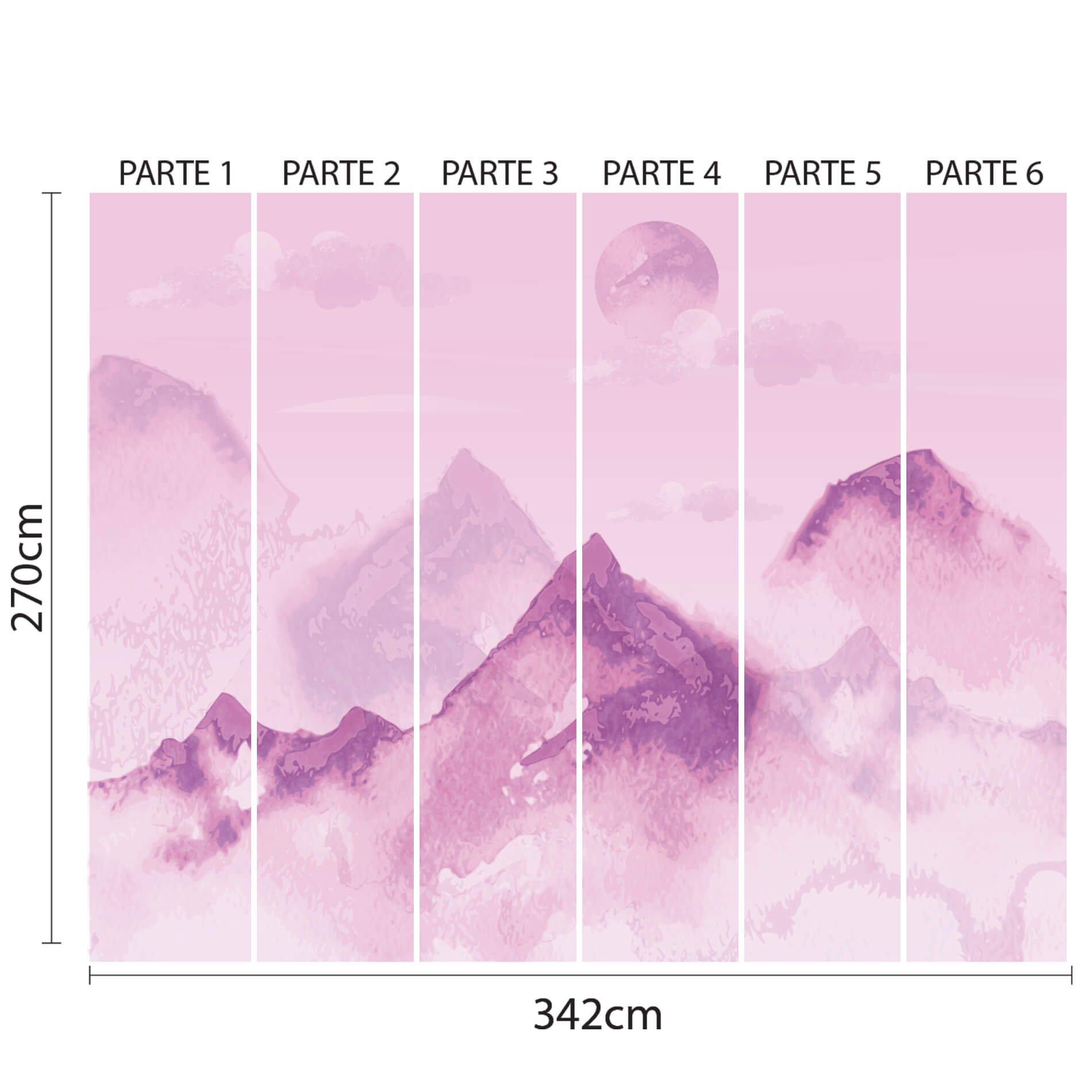 Imagem do papel de parede dividido em seis partes verticais numeradas, mostrando painel paisagem de montanhas lilás em estilo aquarelado com dimensões indicadas