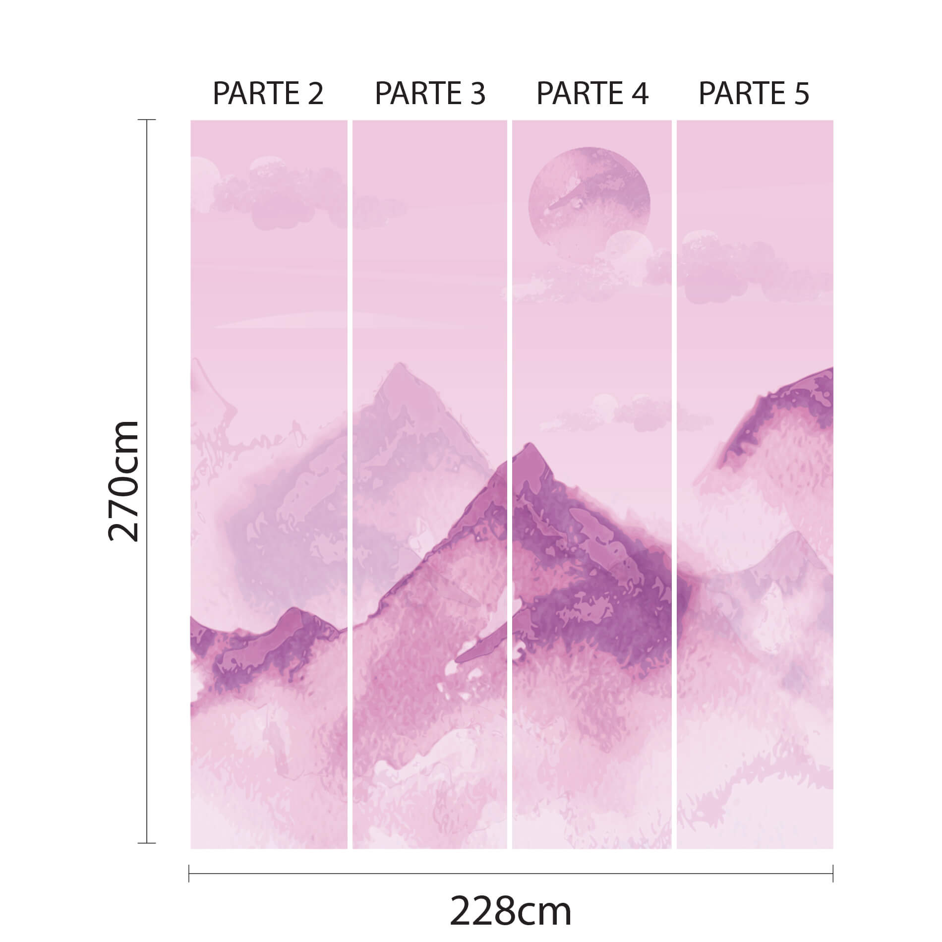 Esquema técnico do papel de parede paisagem montanha lilás com dimensões e divisão em partes para aplicação