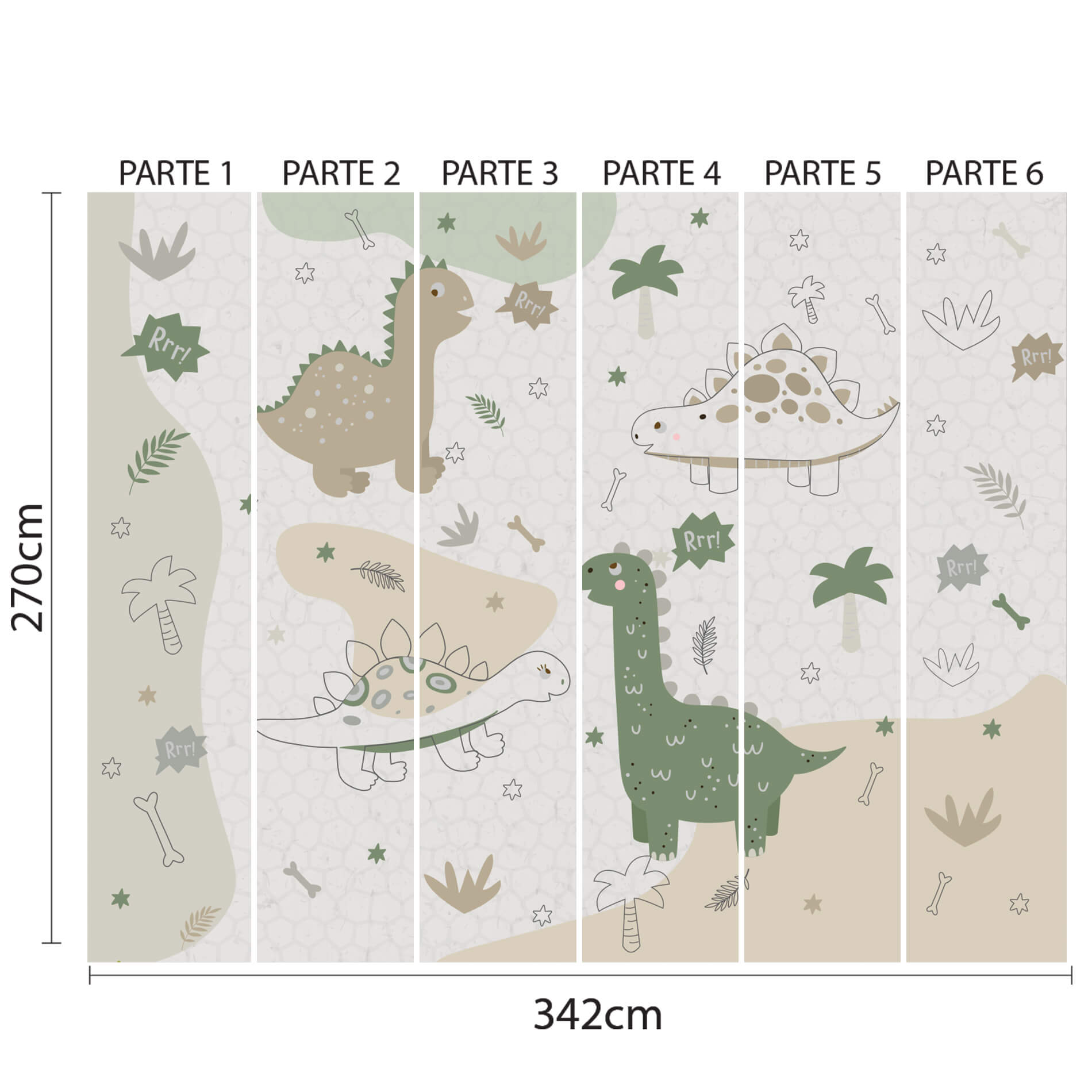 Imagem do papel de parede infantil dinossauros em tons verdes mostrando as dimensões e partes para aplicação