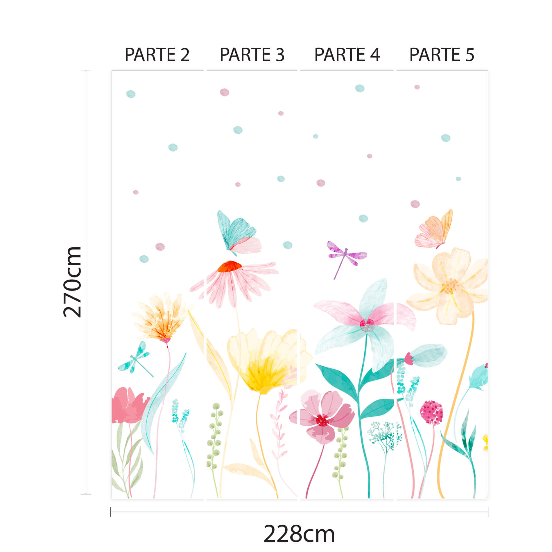 Imagem técnica do papel de parede floral Jardim Aquarela mostrando dimensões e divisão em partes para aplicação.
