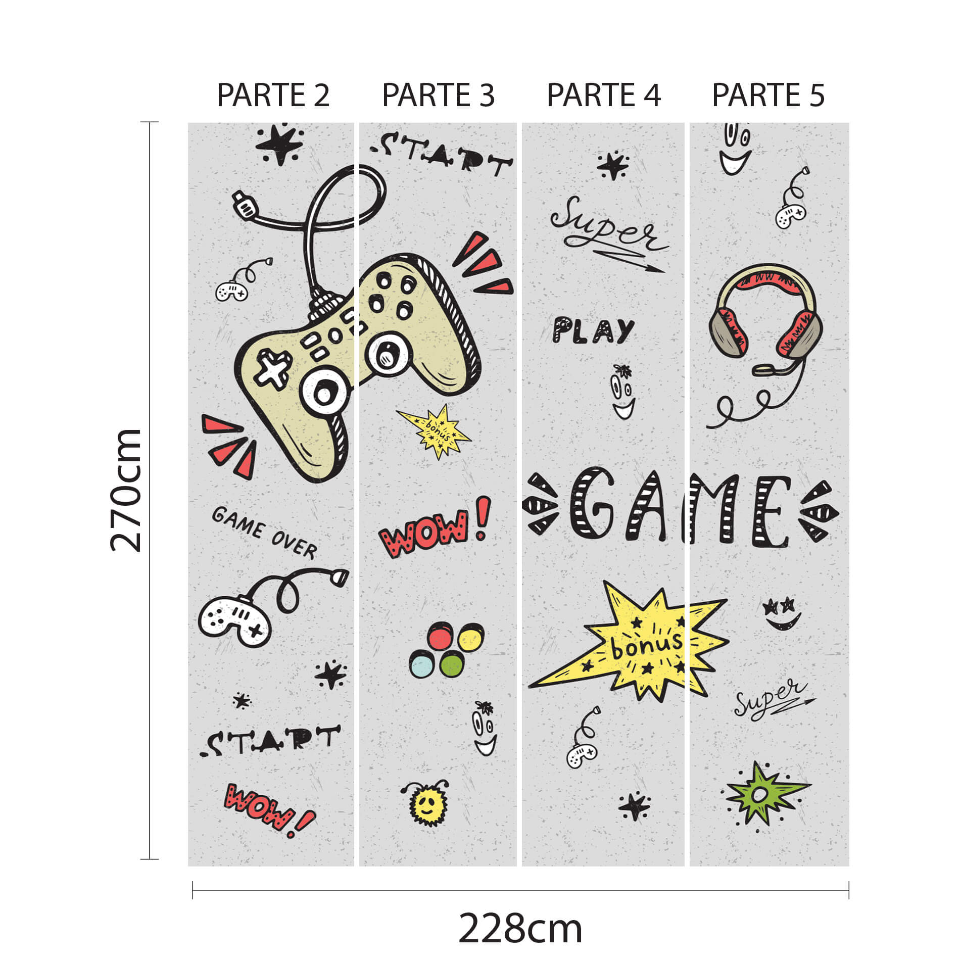 Imagem do papel de parede gamer dividido em cinco partes verticais com desenhos coloridos e dimensões indicadas.
