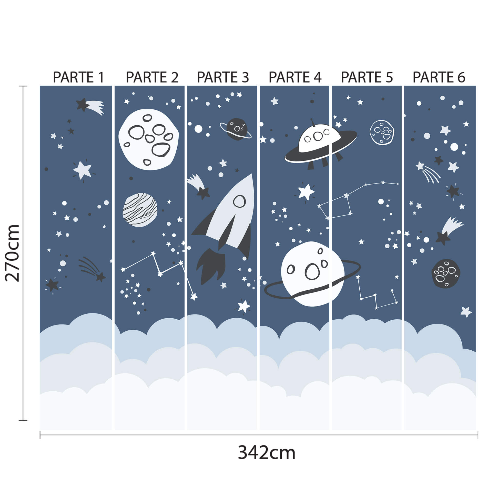 Imagem ilustrativa do papel de parede infantil mostrando medidas e padrão de aplicação em parede