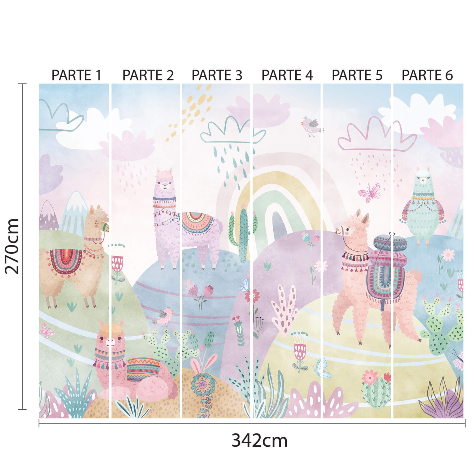 Imagem ilustrativa do papel de parede infantil com tema lhamas em tons pastel, dividido em 6 partes numeradas para aplicação, com dimensões indicadas.