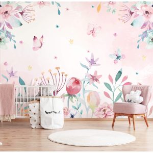 Papel de Parede Floral Borboleta Jardim Rosa Aquarela 9m²