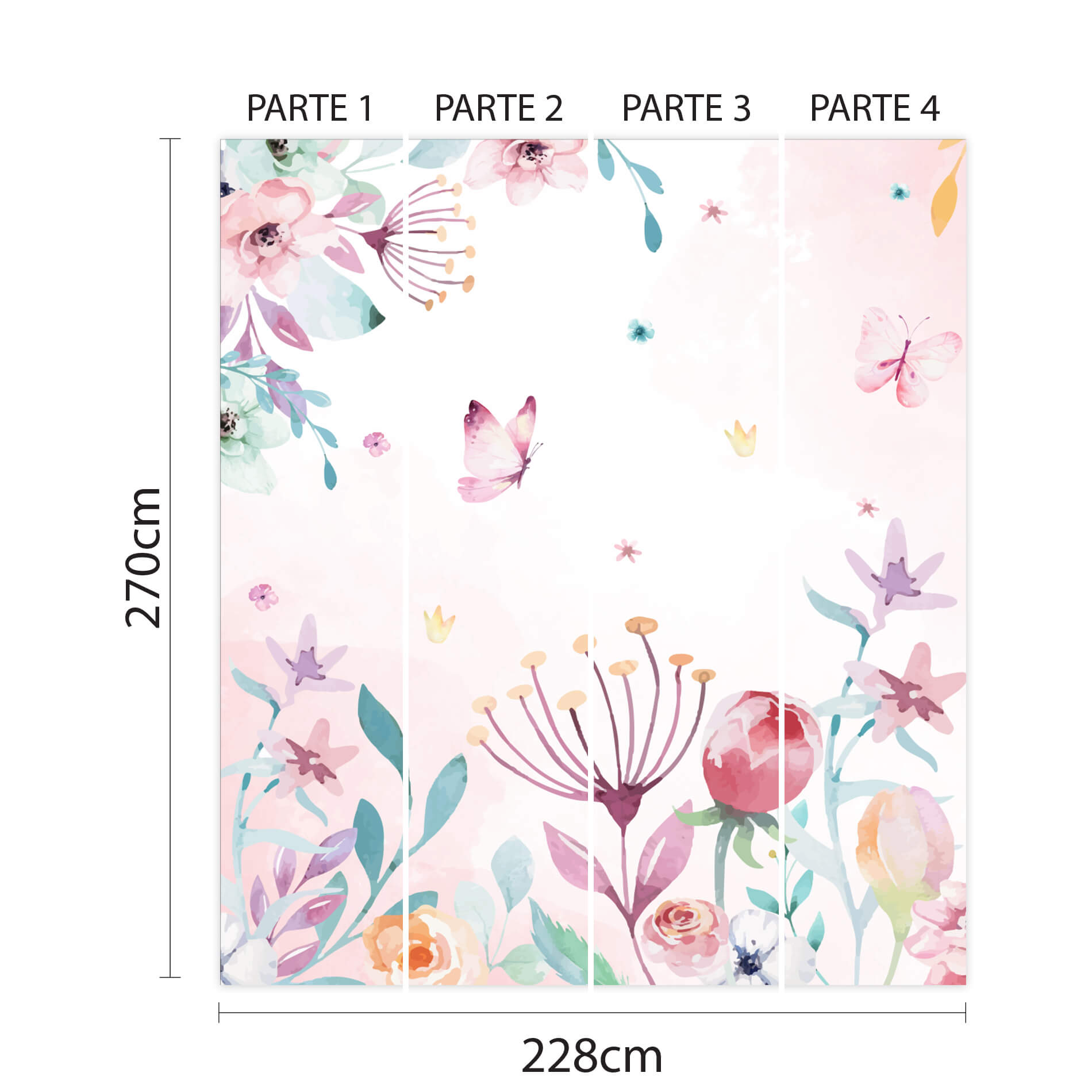 Imagem ilustrativa do papel de parede floral Jardim Rosa Aquarela mostrando dimensões e detalhes para aplicação