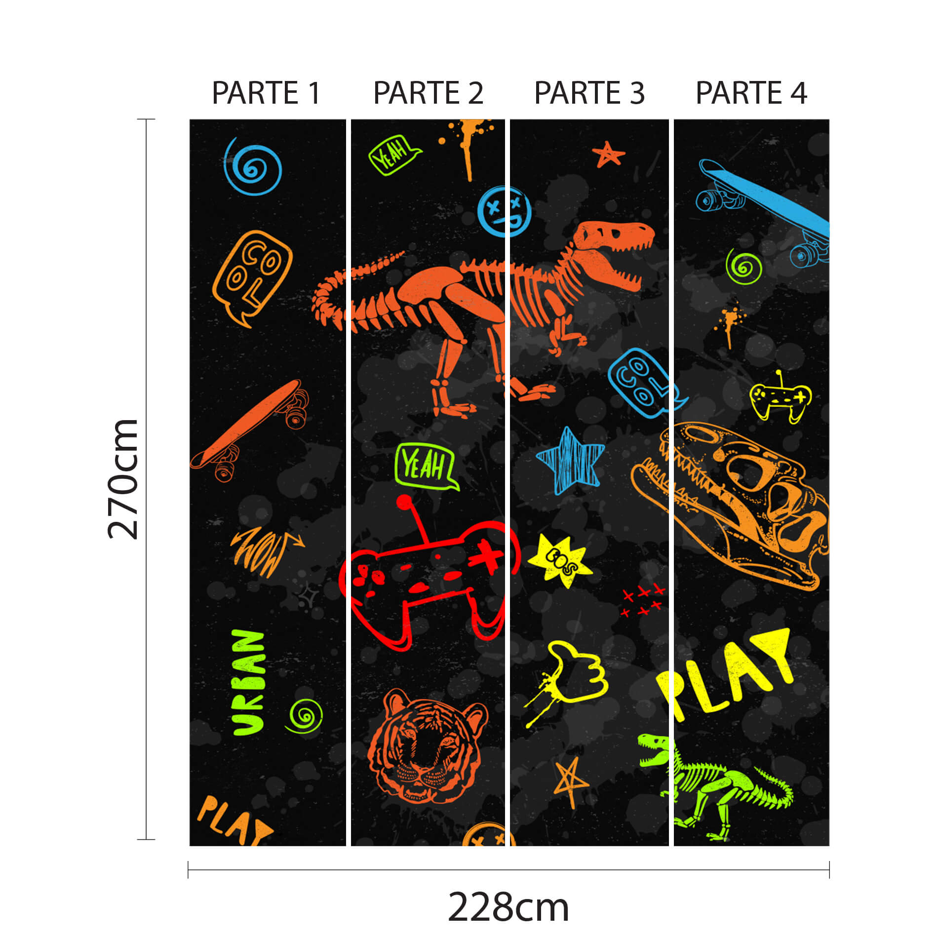Imagem ilustrativa mostrando as quatro partes do papel de parede dinossauro gamer para quarto de menino com dimensões e especificações.