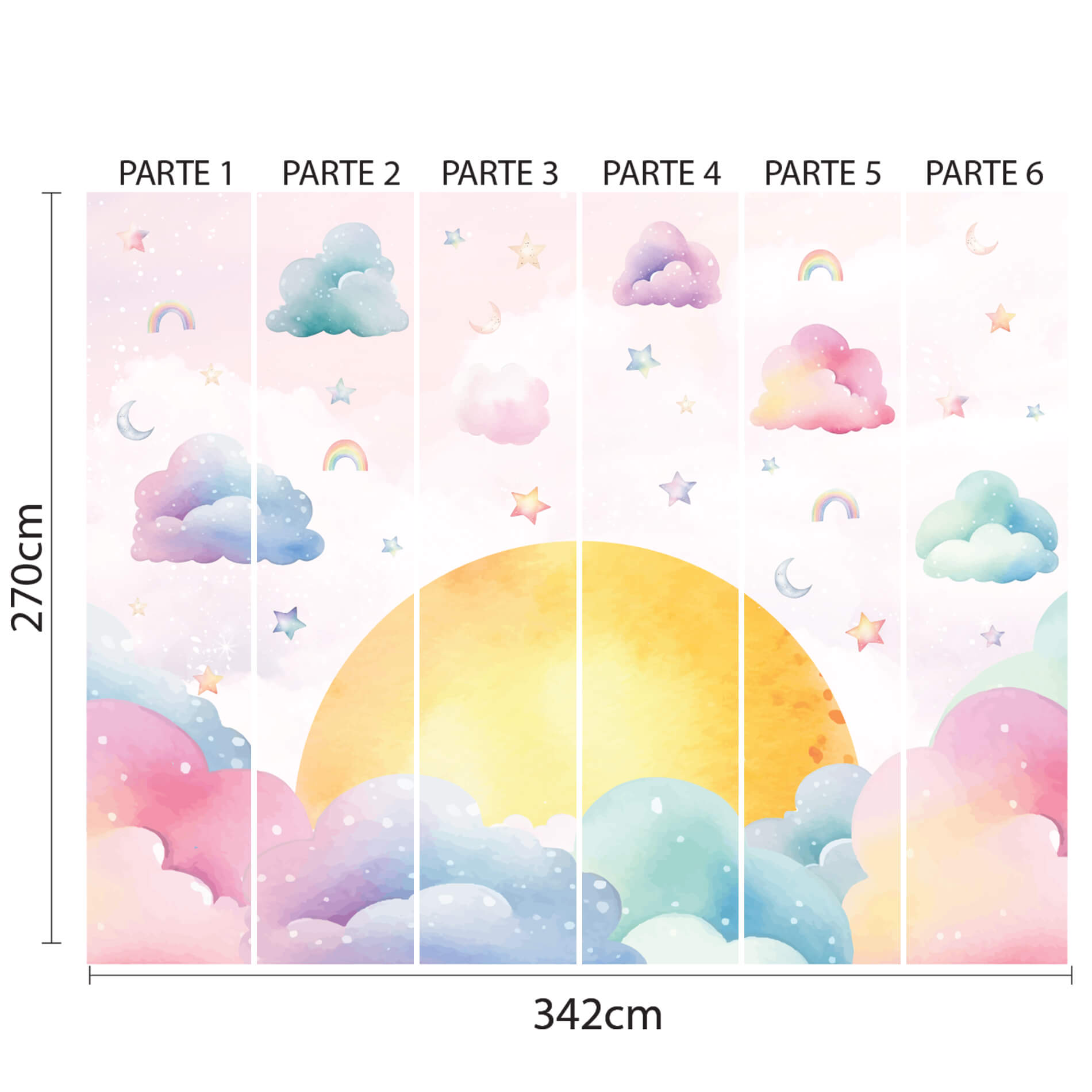 Imagem do papel de parede dividido em 6 partes verticais numeradas, mostrando a estampa completa do produto e suas dimensões.