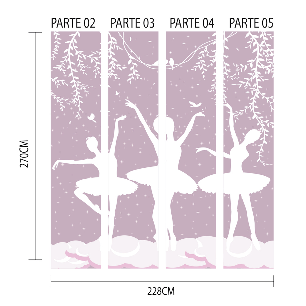 Imagem ilustrativa do papel de parede dividido em cinco partes numeradas, mostrando dimensões e detalhes do produto lúdico para quarto infantil.