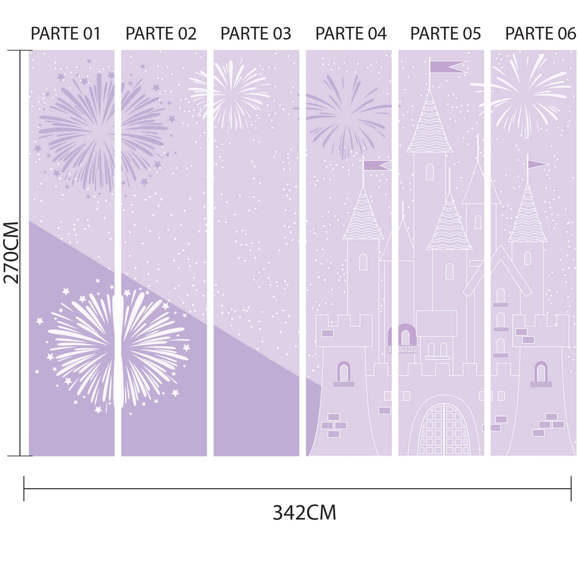 Imagem ilustrativa do papel de parede lilás dividido em seis partes numeradas para aplicação no quarto de menina.