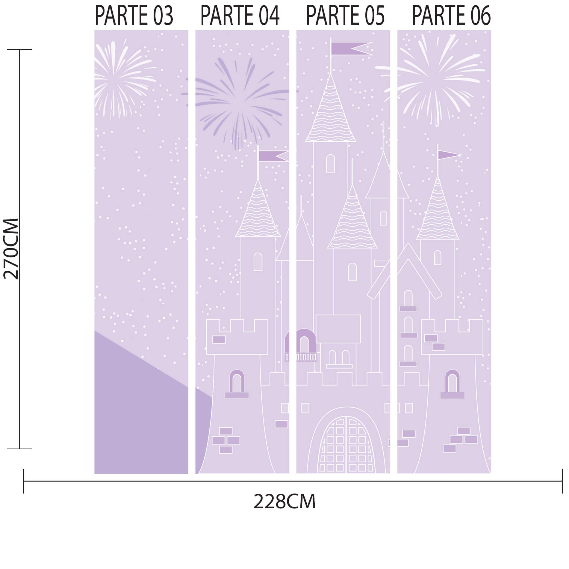 Imagem ilustrativa mostrando os painéis do papel de parede lilás com tema castelo das princesas e suas dimensões